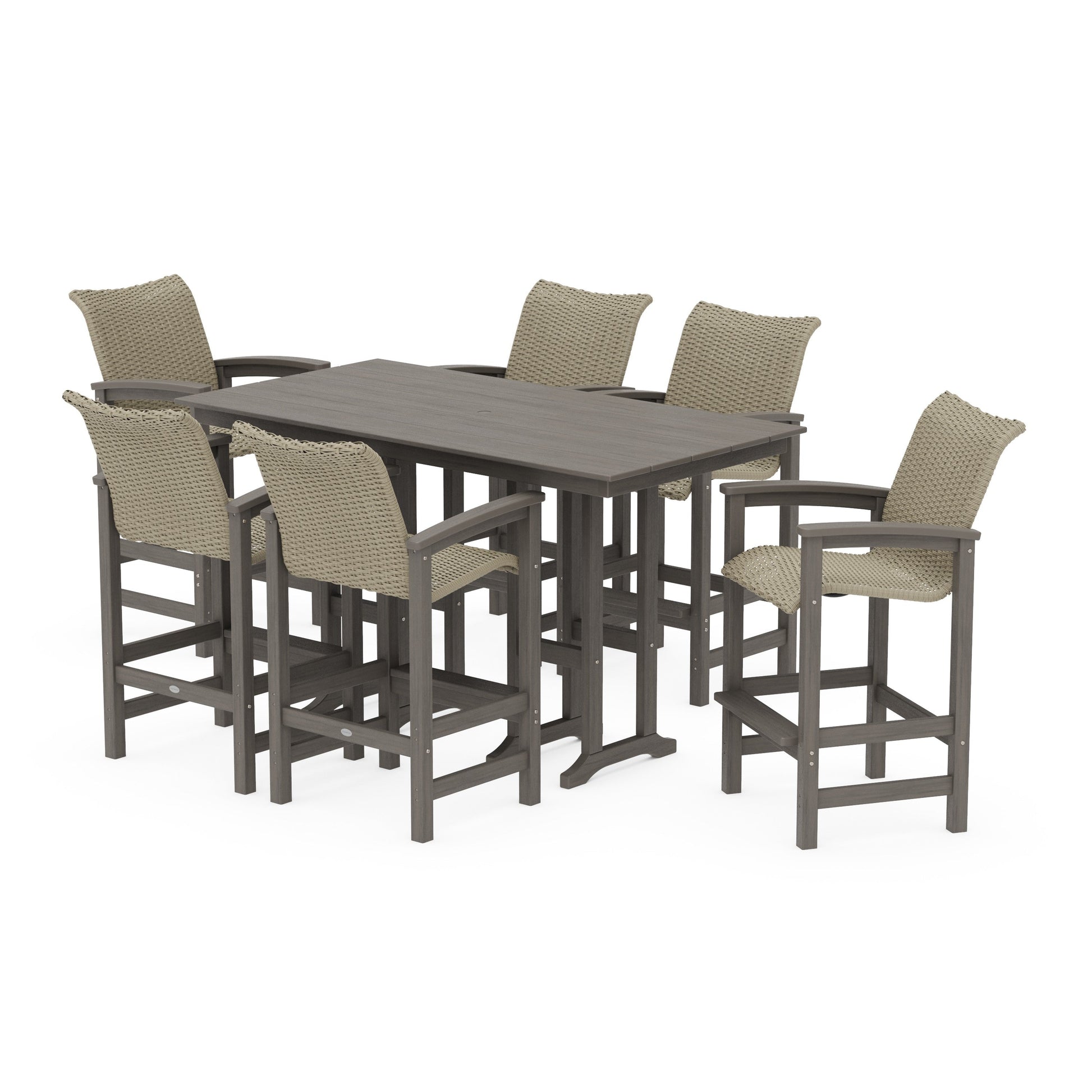 POLYWOOD Coastal Woven Arm Chair 7-Piece Farmhouse Bar Set — Driftwood / Dune Grass