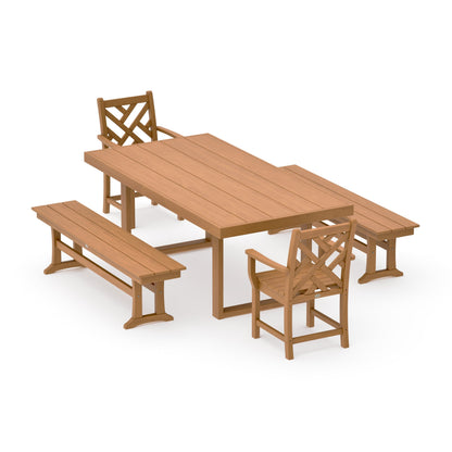 POLYWOOD Chippendale 5-Piece Dining Set with Benches — Natural