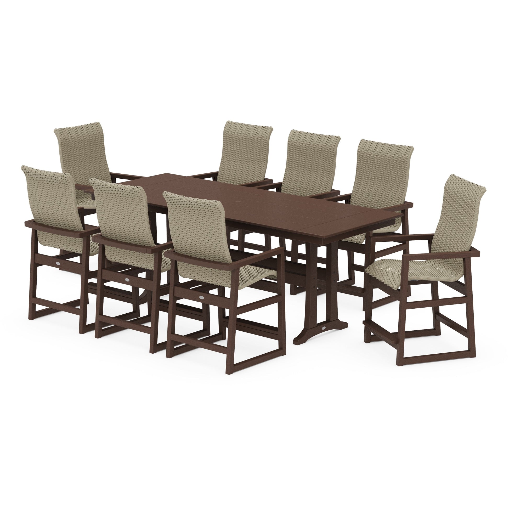 POLYWOOD EDGE Woven Highback 9-Piece Farmhouse Counter Set with Trestle Legs — Mahogany / Dune Grass