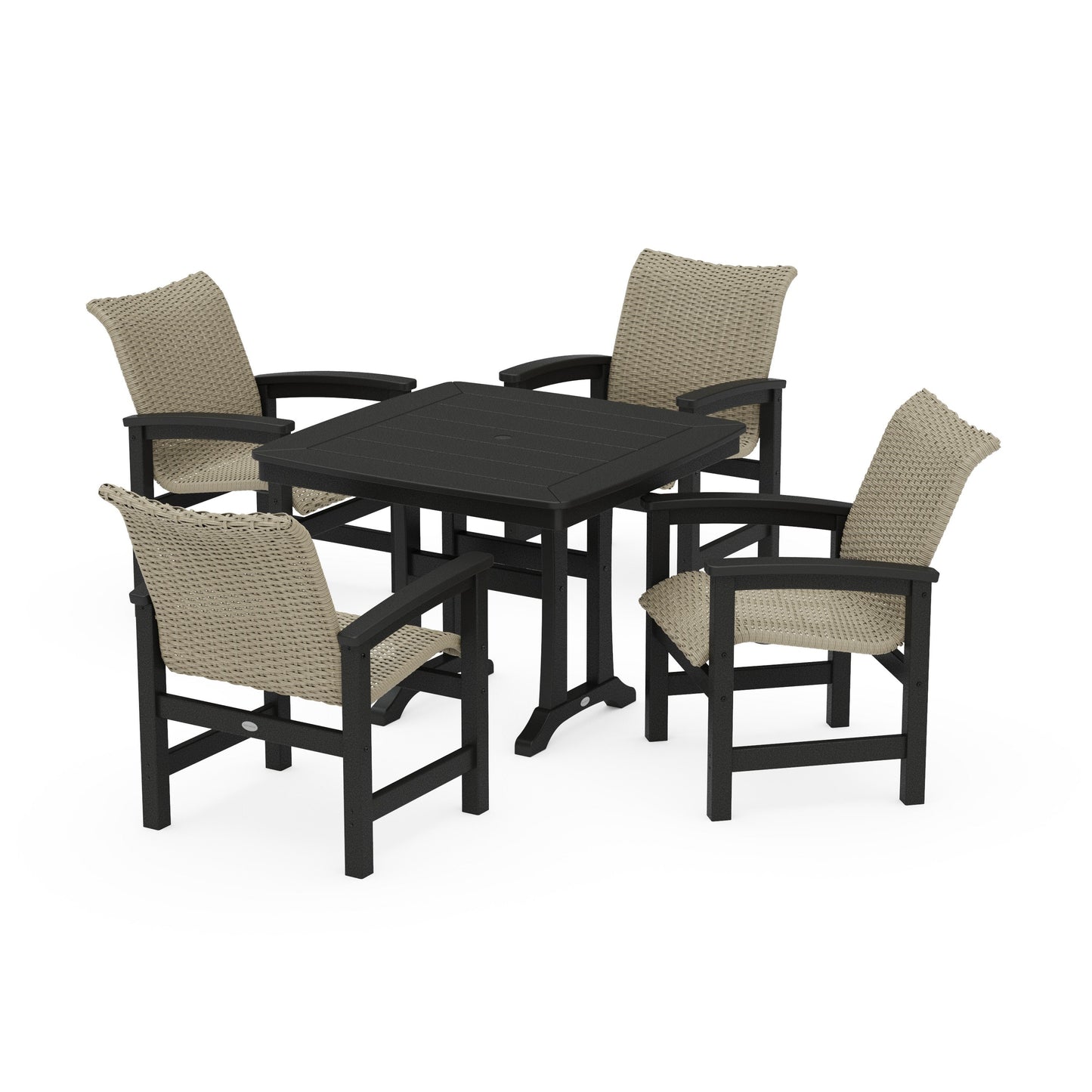 POLYWOOD Coastal Woven 5-Piece Dining Set with Trestle Legs — Black / Dune Grass
