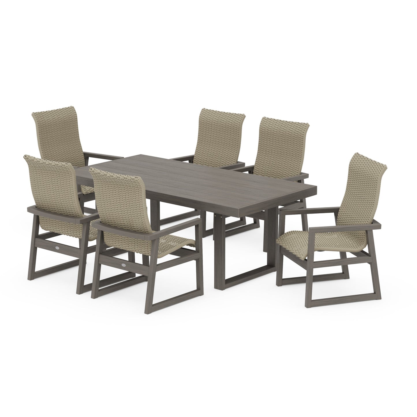 POLYWOOD EDGE Woven Highback Arm Chair 7-Piece Dining Set — Driftwood / Dune Grass