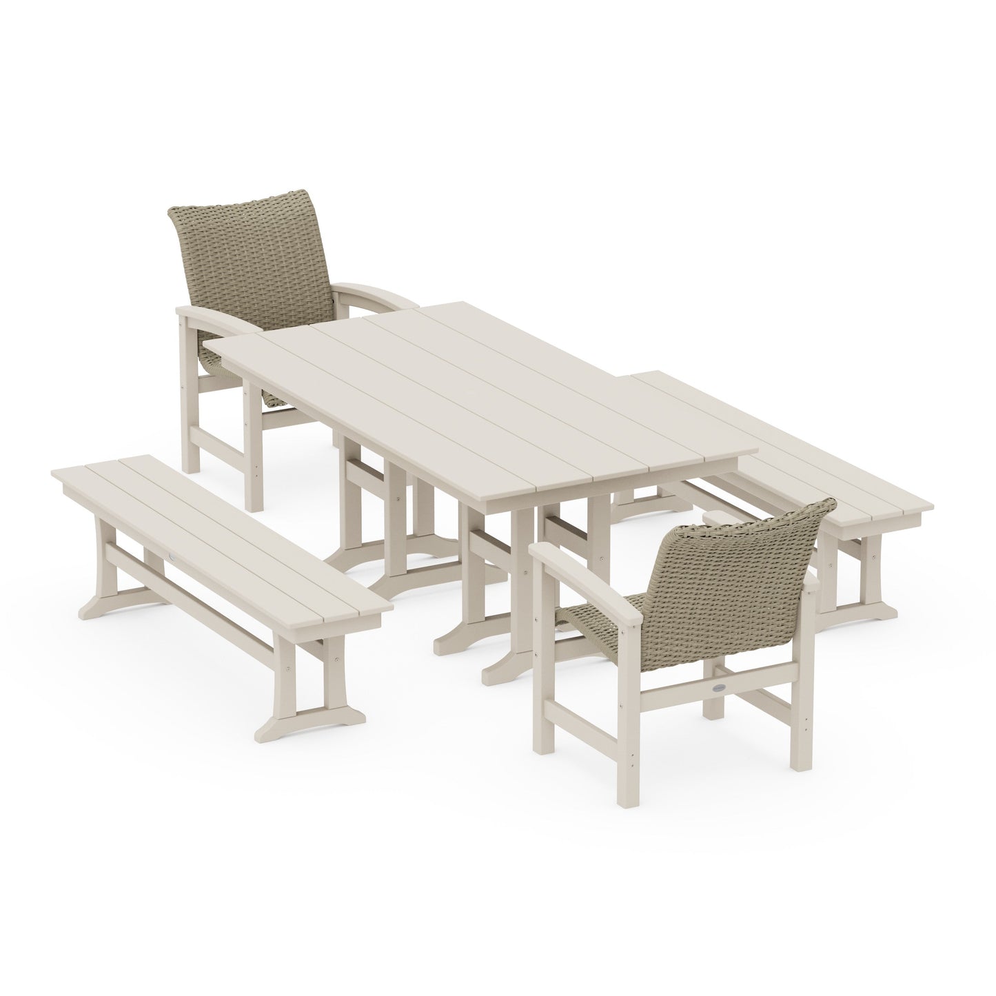 POLYWOOD Coastal Woven 5-Piece Farmhouse Dining Set with Benches — Sand / Dune Grass