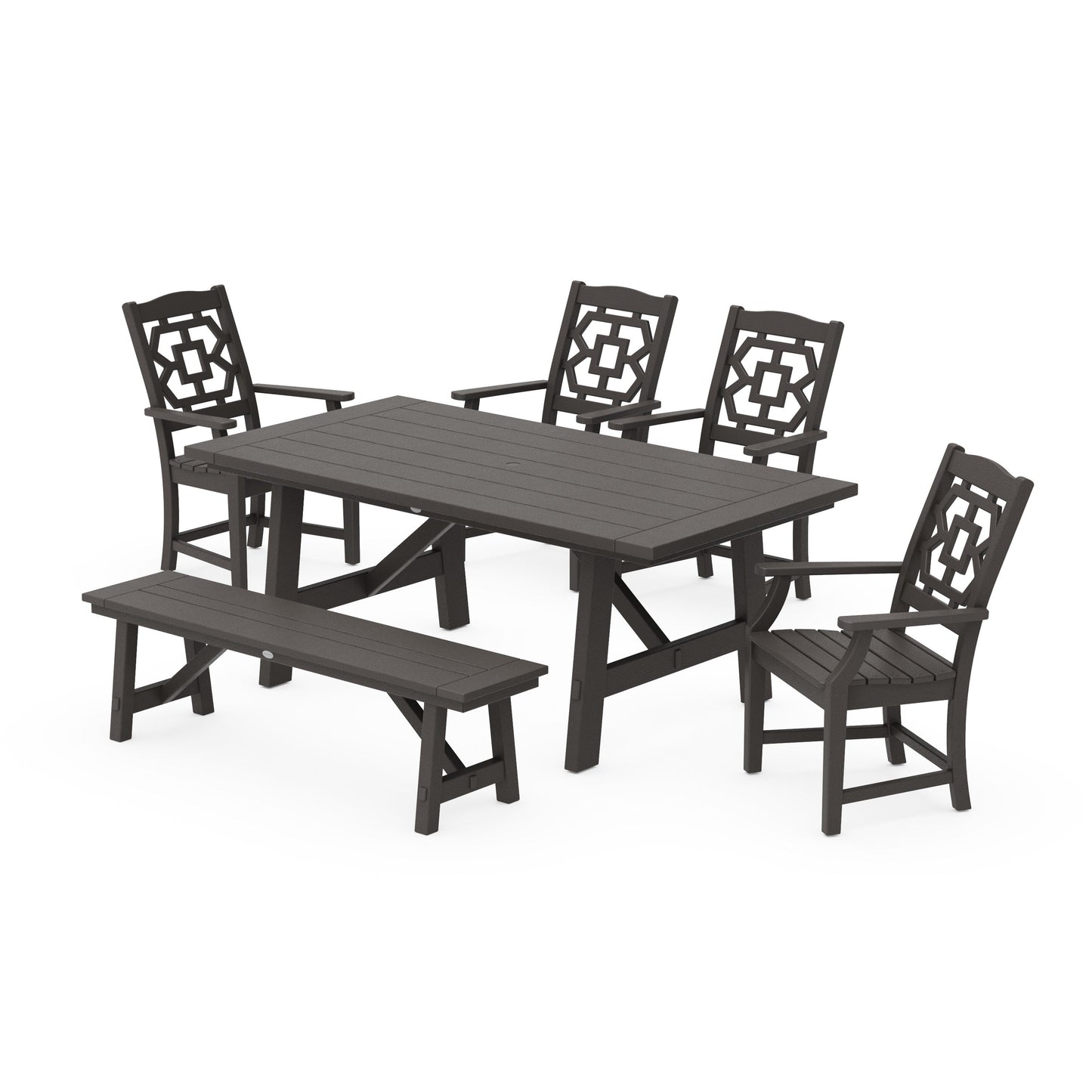 POLYWOOD Chinoiserie 6-Piece Rustic Farmhouse Dining Set with Bench — Vintage Coffee