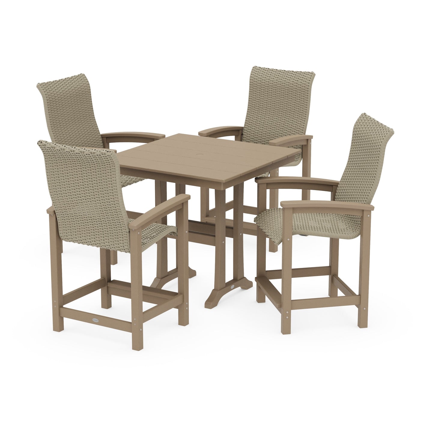 POLYWOOD Coastal Woven High-Back 5-Piece Farmhouse Counter Set with Trestle Legs — Vintage Sahara / Dune Grass