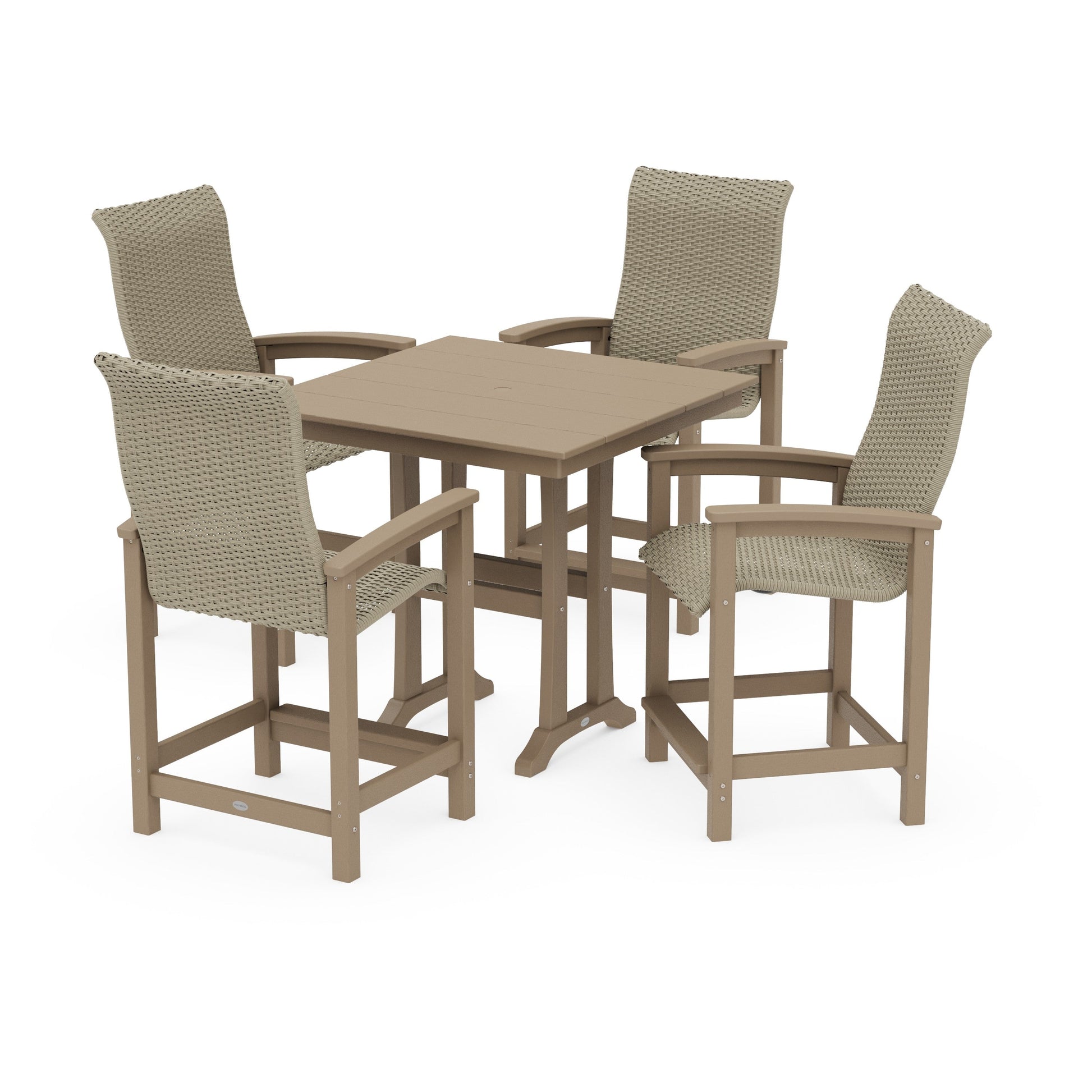 POLYWOOD Coastal Woven High-Back 5-Piece Farmhouse Counter Set with Trestle Legs — Vintage Sahara / Dune Grass
