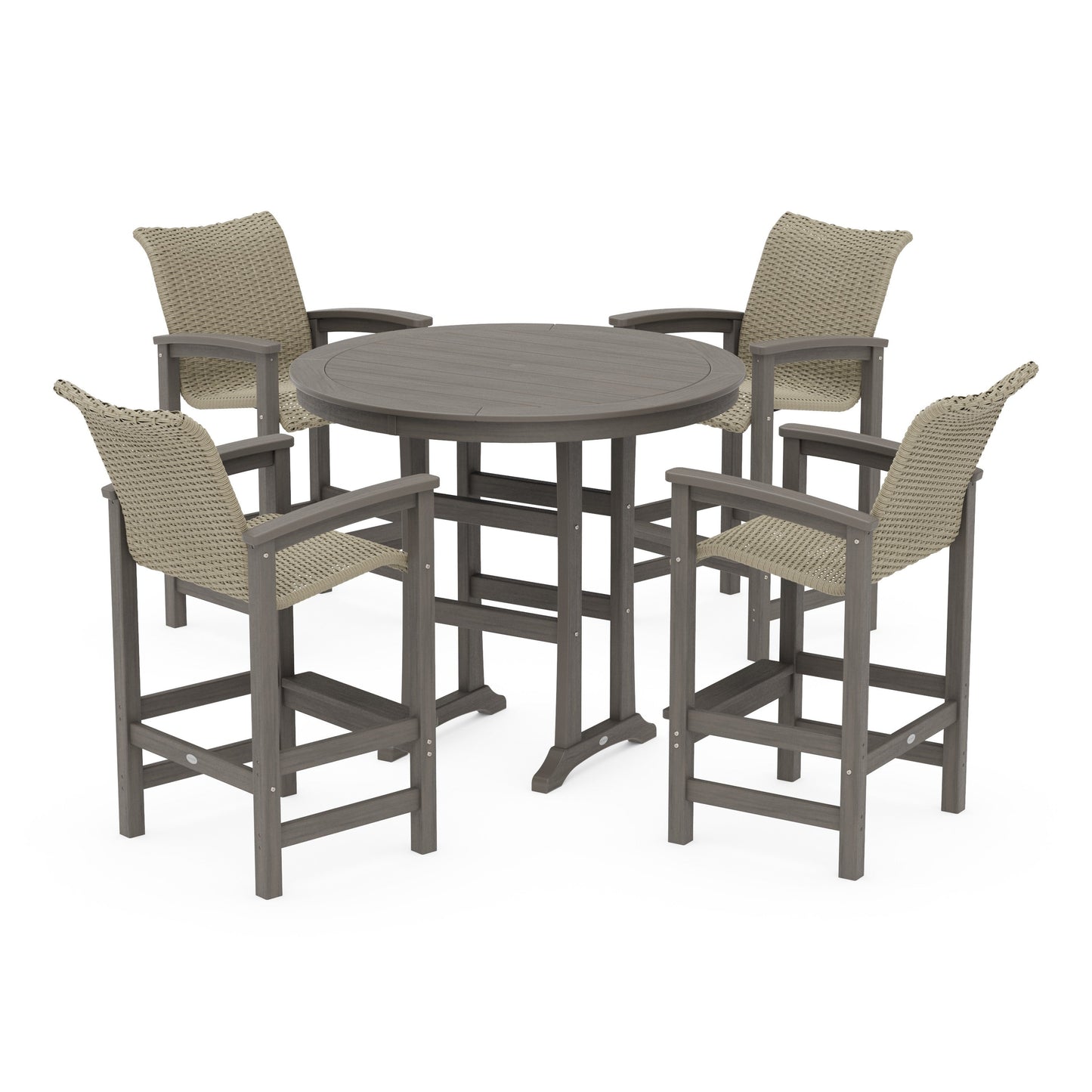 POLYWOOD Coastal Woven 5-Piece Round Bar Set — Driftwood / Dune Grass