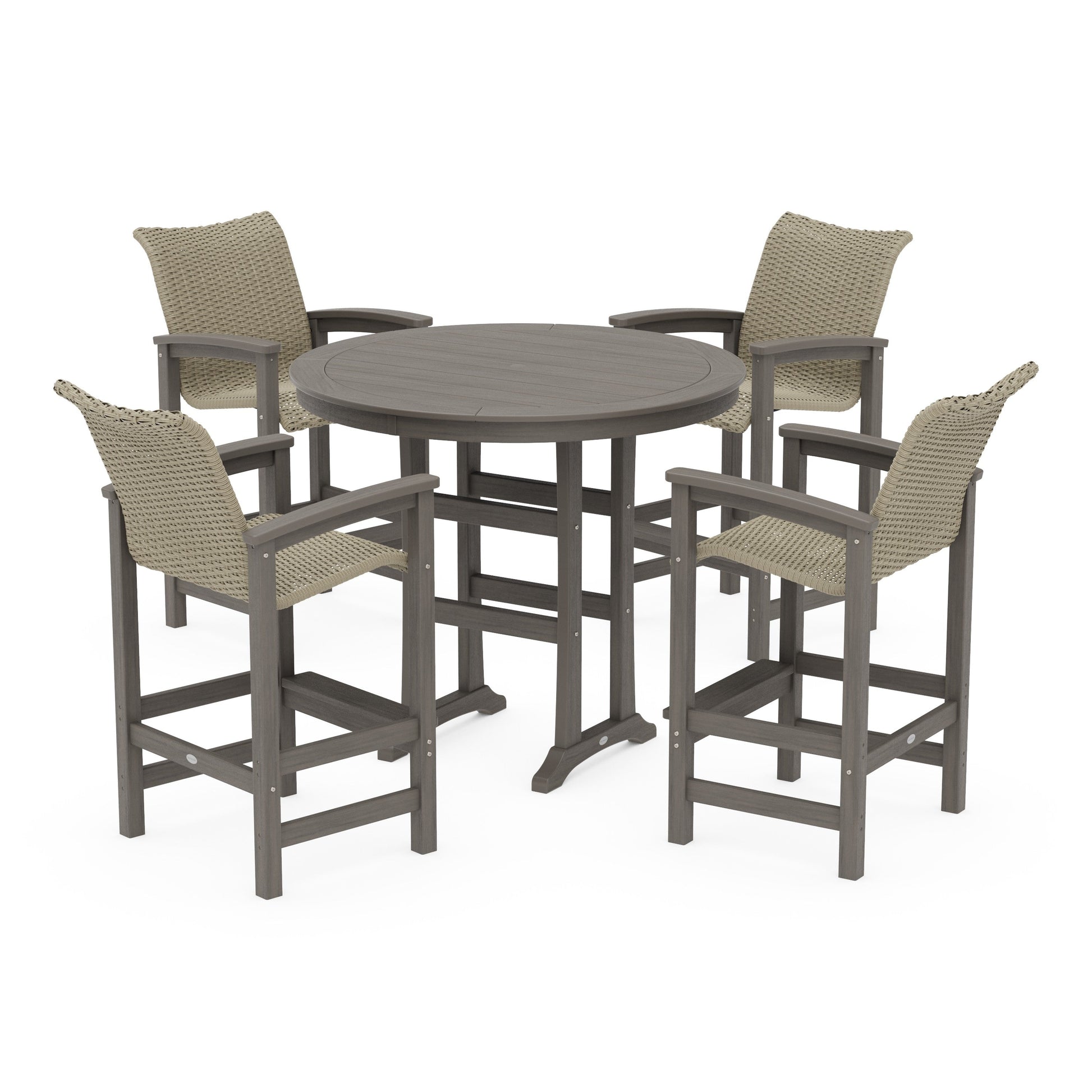 POLYWOOD Coastal Woven 5-Piece Round Bar Set — Driftwood / Dune Grass