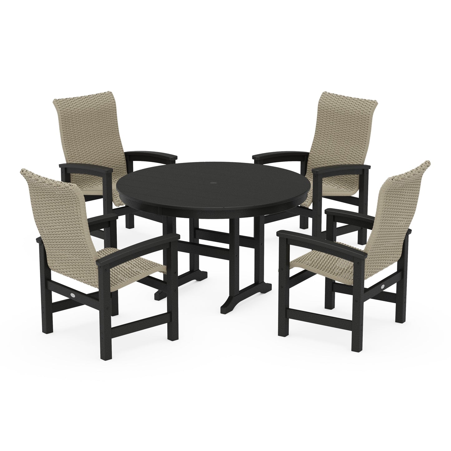 POLYWOOD Coastal Woven High-Back 5-Piece Round Farmhouse Dining Set — Black / Dune Grass