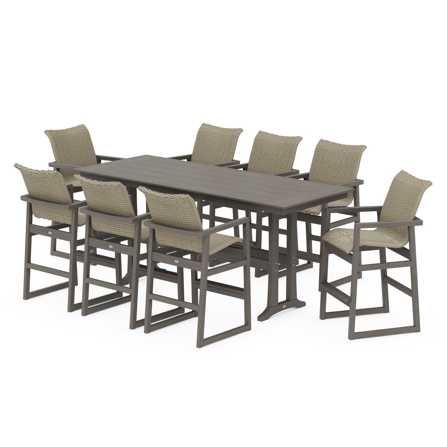 POLYWOOD EDGE Woven 9-Piece Farmhouse Bar Set with Trestle Legs — Driftwood / Dune Grass