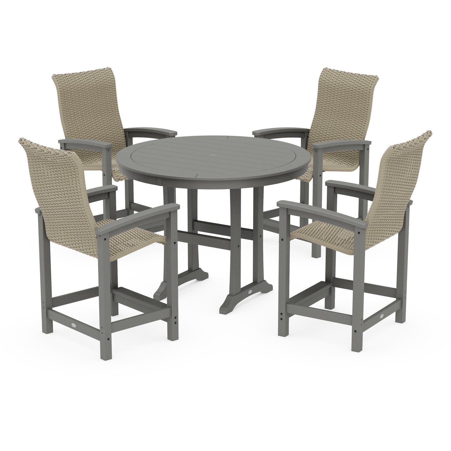 POLYWOOD Coastal Woven High-Back 5-Piece Round Counter Set — Slate Grey / Dune Grass