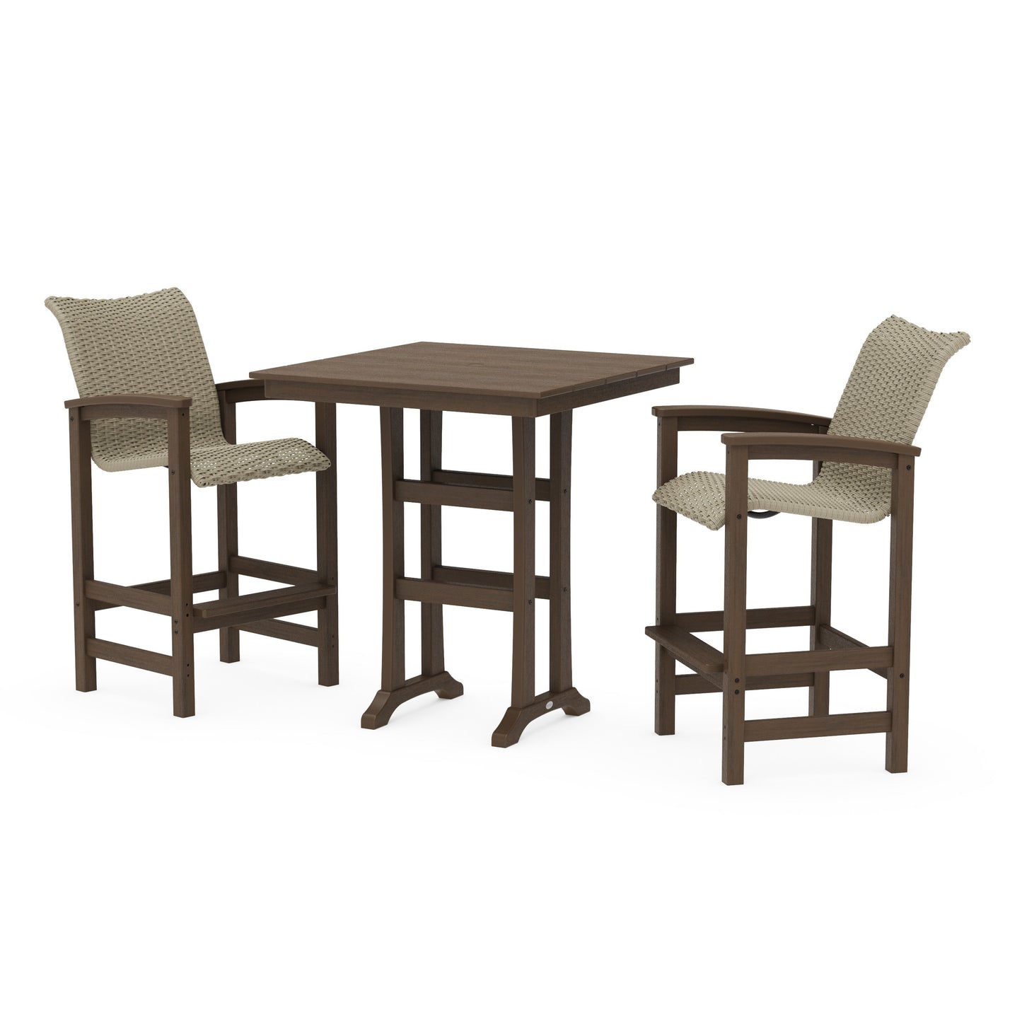 POLYWOOD Coastal Woven 3-Piece Farmhouse Bar Set with Trestle Legs — Kona / Dune Grass