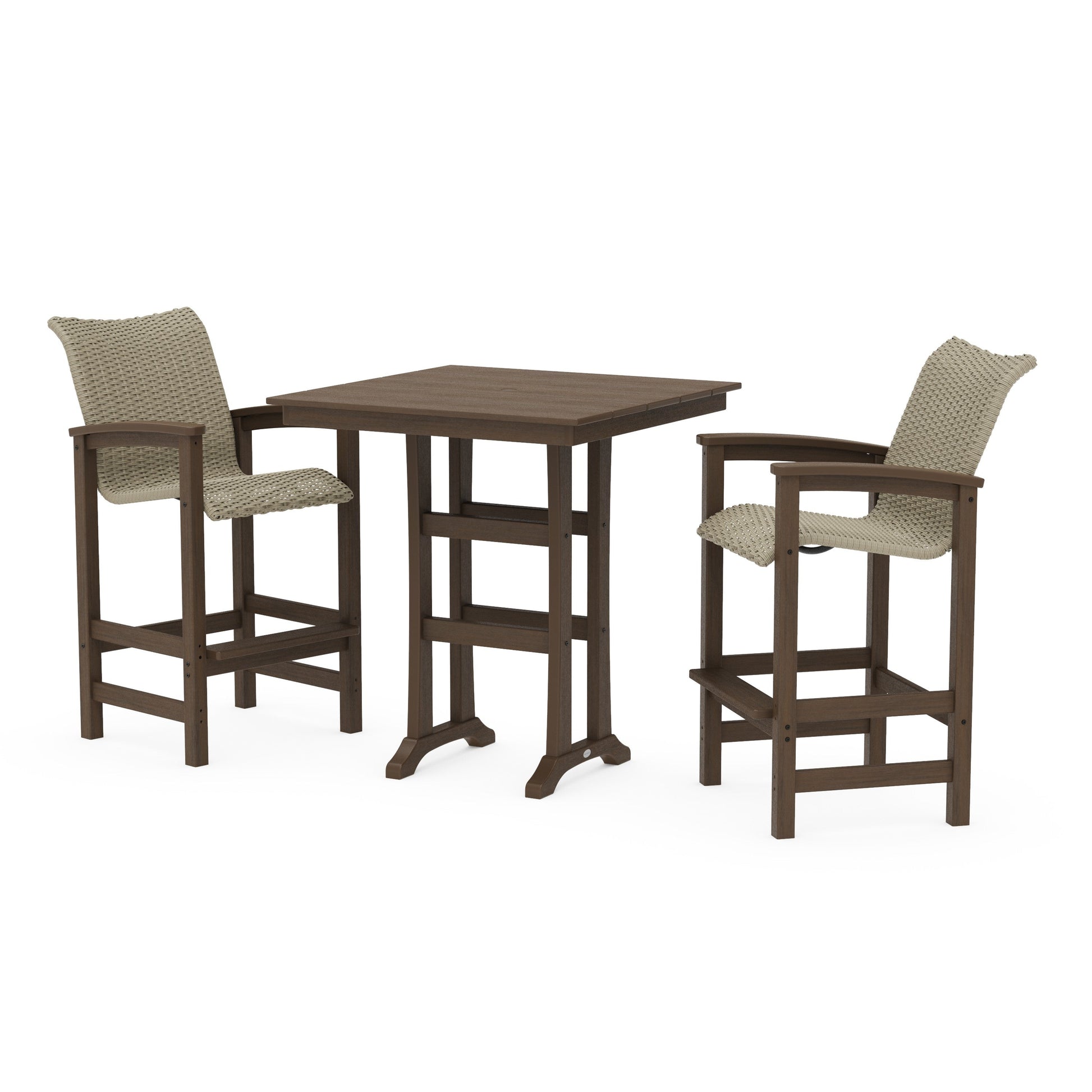 POLYWOOD Coastal Woven 3-Piece Farmhouse Bar Set with Trestle Legs — Kona / Dune Grass
