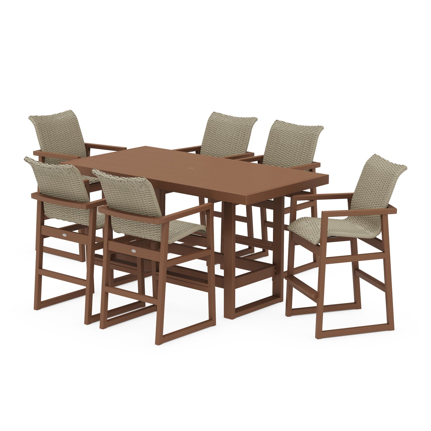 POLYWOOD EDGE Woven Arm Chair 7-Piece Bar Set — Teak / Dune Grass
