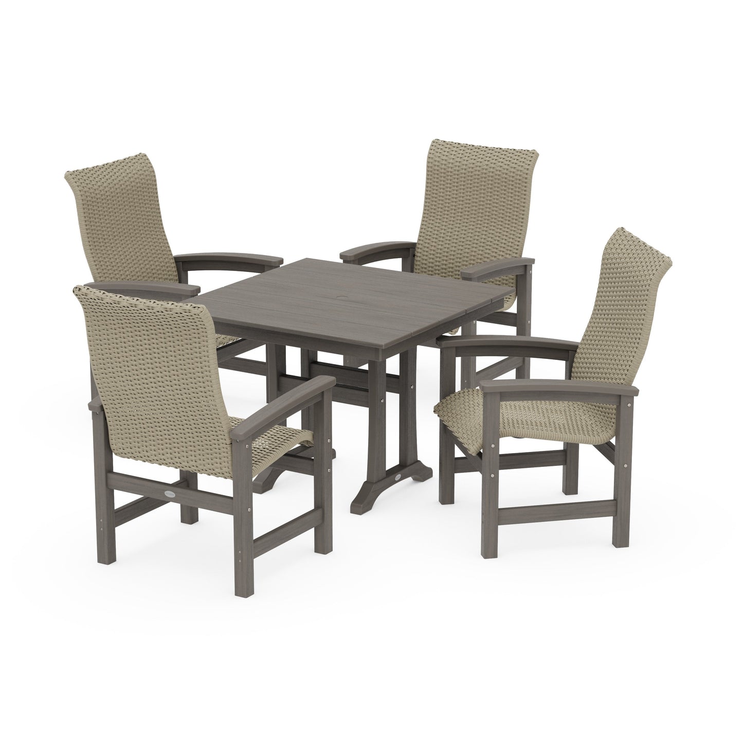 POLYWOOD Coastal Woven High-Back 5-Piece Farmhouse Dining Set with Trestle Legs — Driftwood / Dune Grass