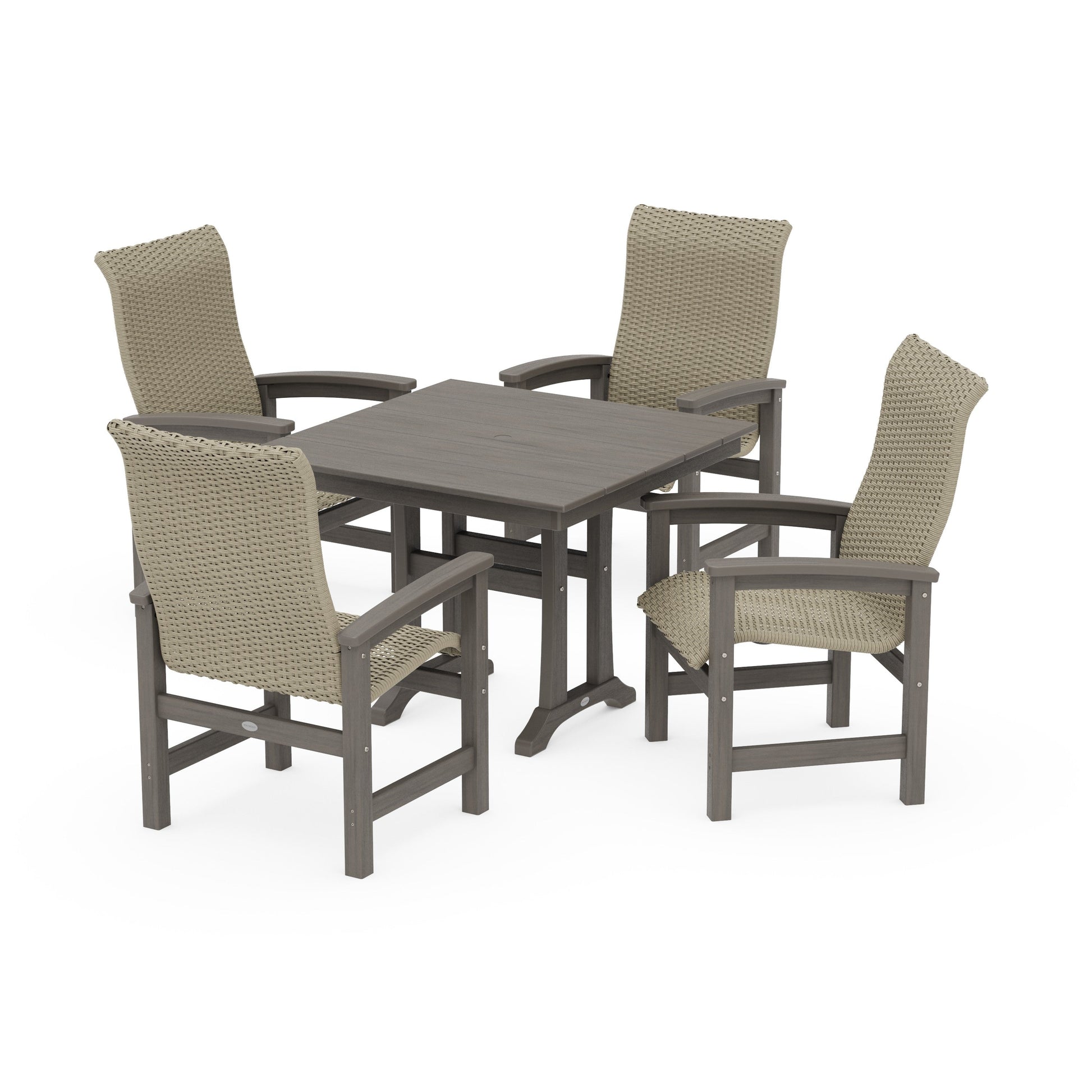 POLYWOOD Coastal Woven High-Back 5-Piece Farmhouse Dining Set with Trestle Legs — Driftwood / Dune Grass