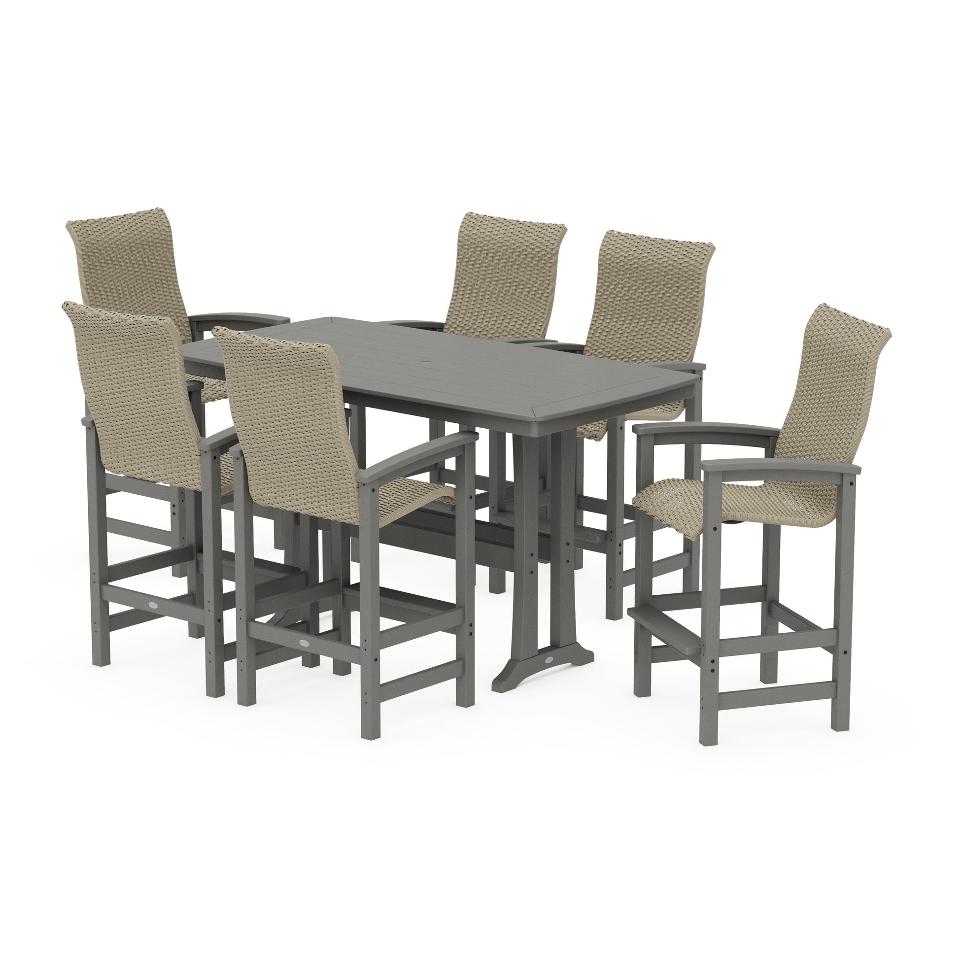 POLYWOOD Coastal Woven High-Back Arm Chair 7-Piece Bar Set with Trestle Legs — Slate Grey / Dune Grass