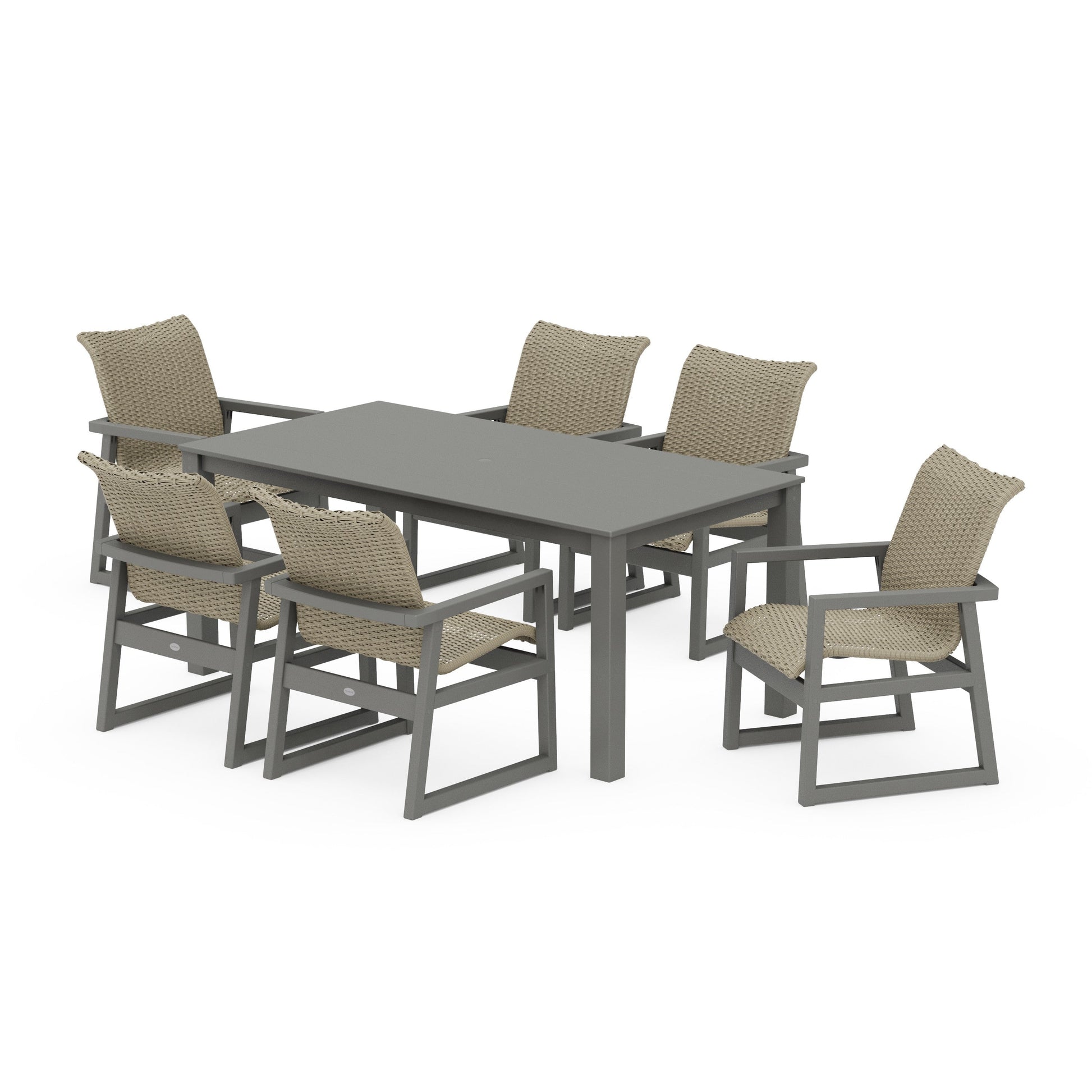 POLYWOOD EDGE Woven Arm Chair 7-Piece Parsons Dining Set — Slate Grey / Dune Grass