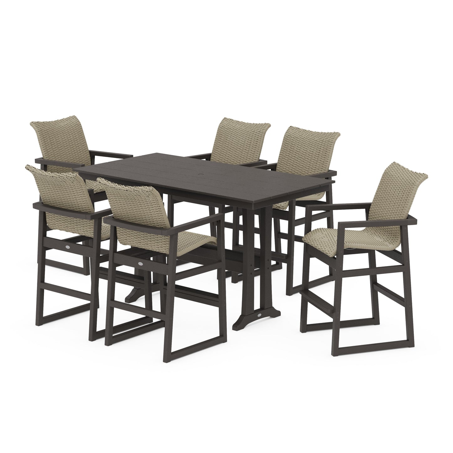 POLYWOOD EDGE Woven Arm Chair 7-Piece Farmhouse Bar Set with Trestle Legs — Vintage Coffee / Dune Grass
