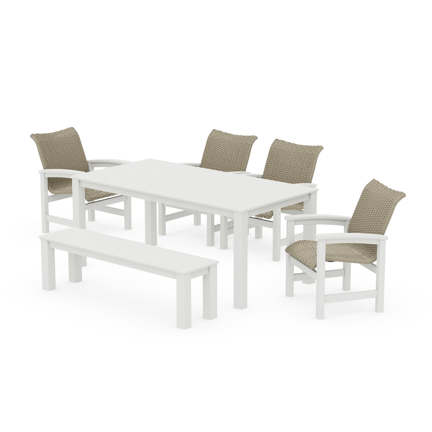 POLYWOOD Coastal Woven 6-Piece Parsons Dining Set with Bench — White / Dune Grass