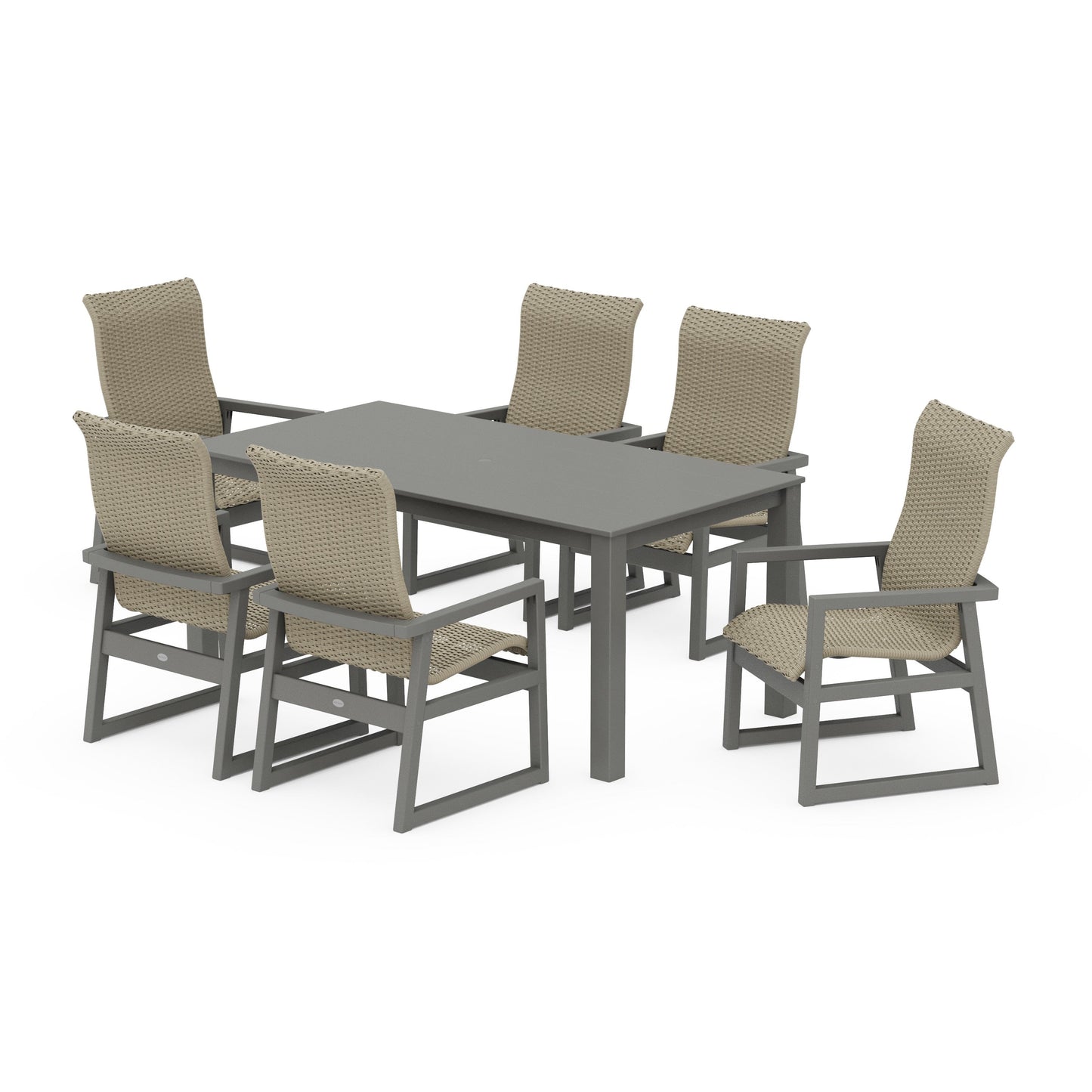 POLYWOOD EDGE Woven Highback Arm Chair 7-Piece Parsons Dining Set — Slate Grey / Dune Grass