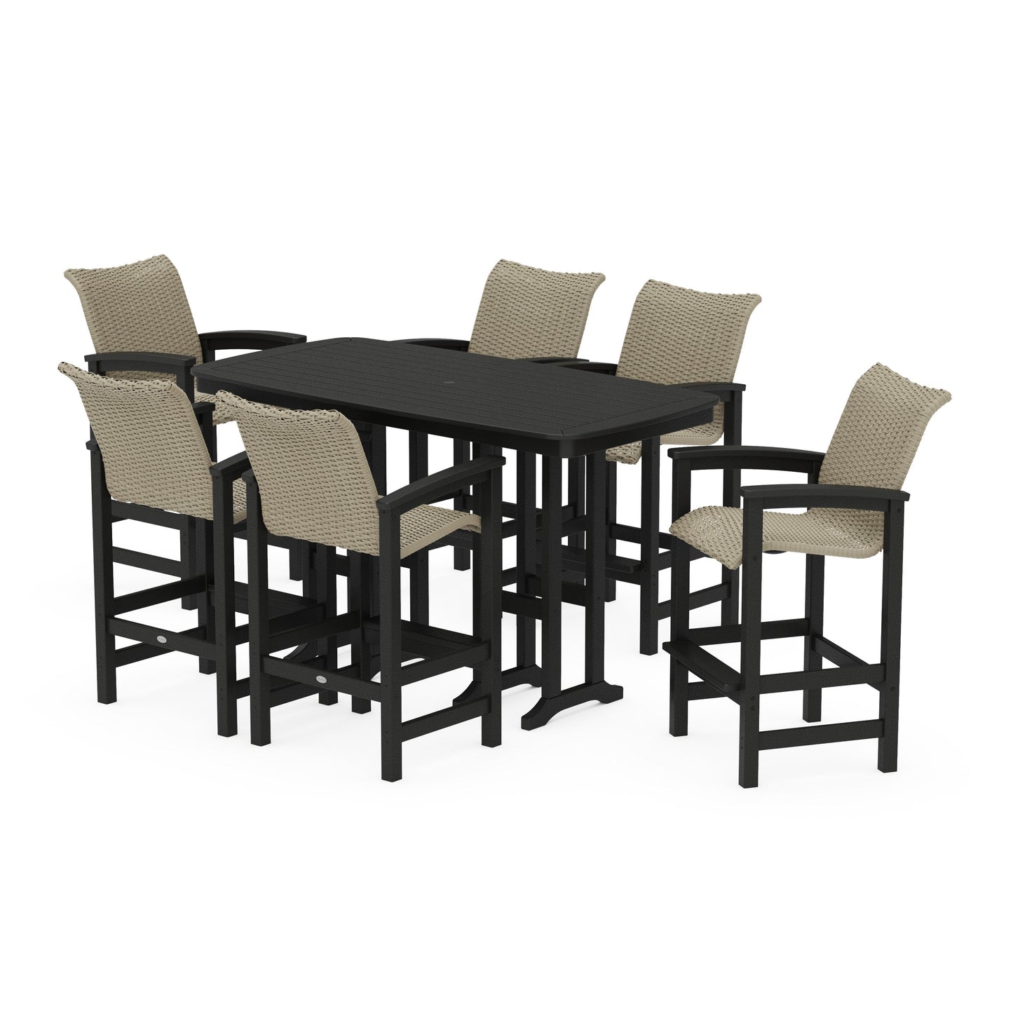 POLYWOOD Coastal Woven Arm Chair 7-Piece Bar Set — Black / Dune Grass