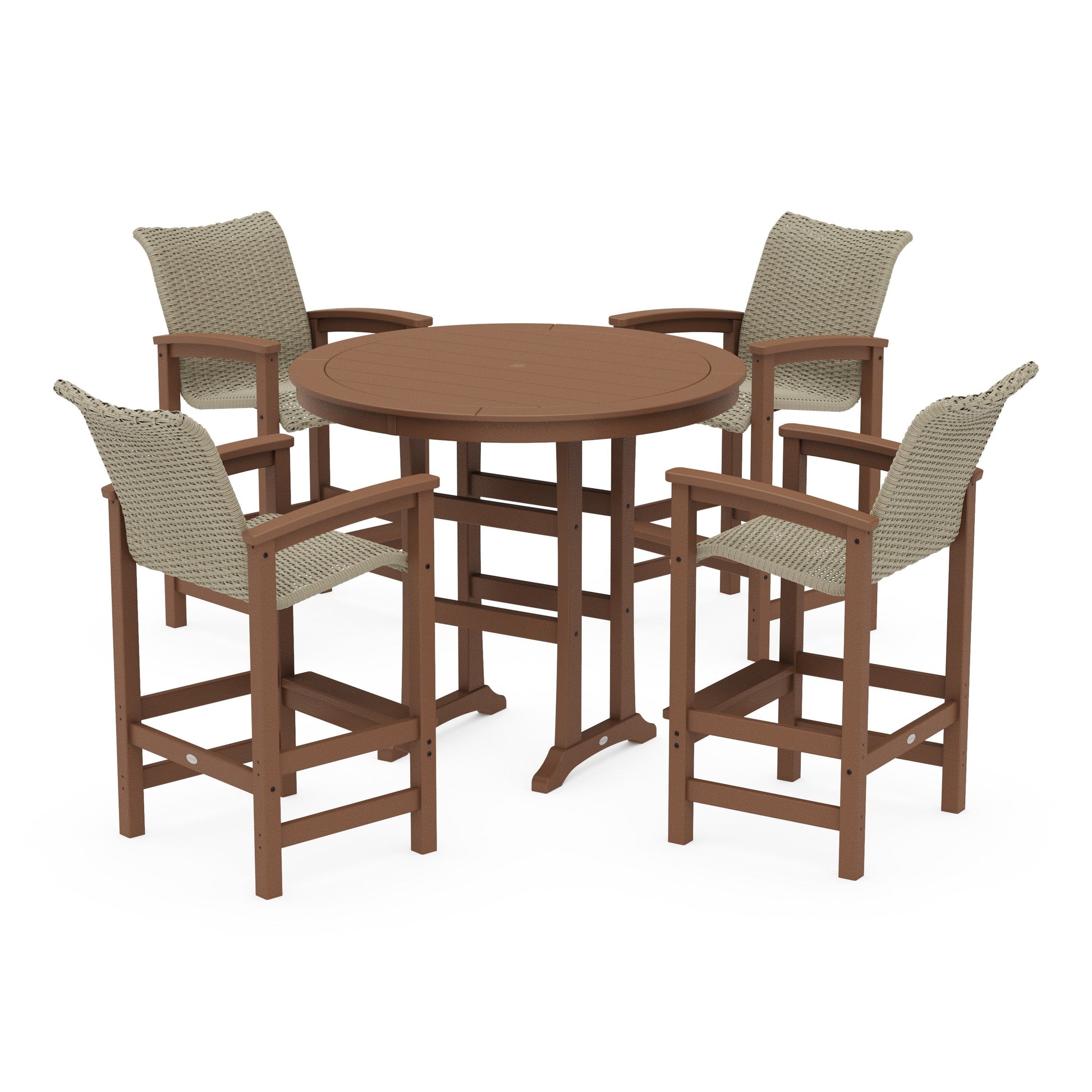 POLYWOOD Coastal Woven 5-Piece Round Bar Set — Teak / Dune Grass
