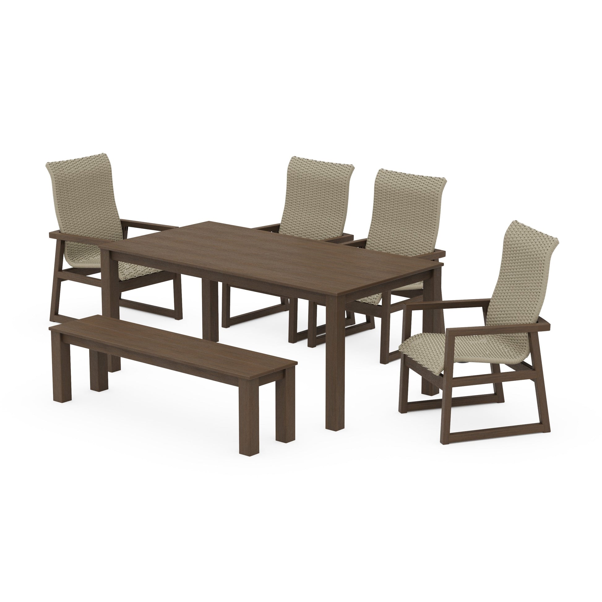 POLYWOOD EDGE Woven Highback 6-Piece Parsons Dining Set with Bench — Kona / Dune Grass