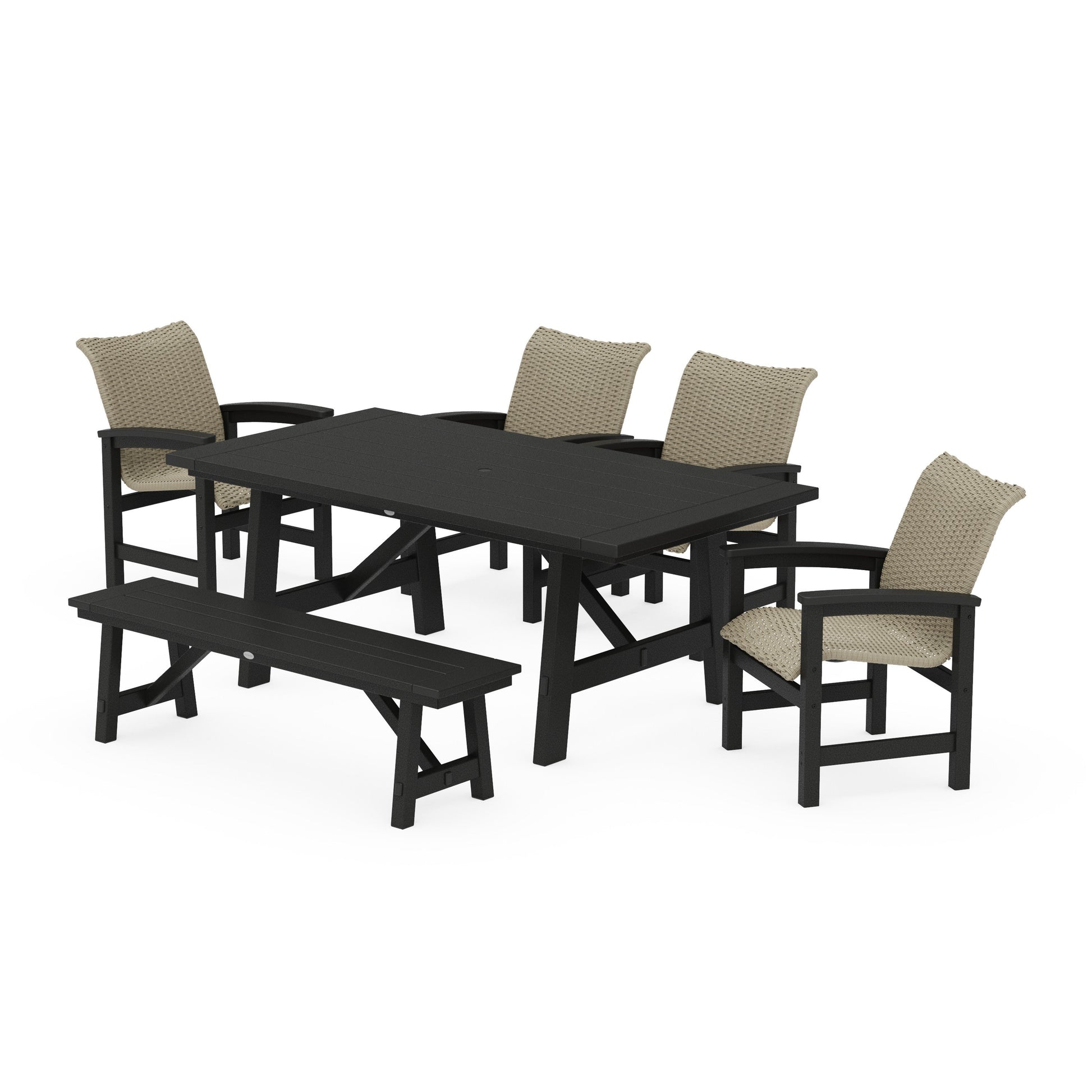 POLYWOOD Coastal Woven 6-Piece Rustic Farmhouse Dining Set with Bench — Black / Dune Grass