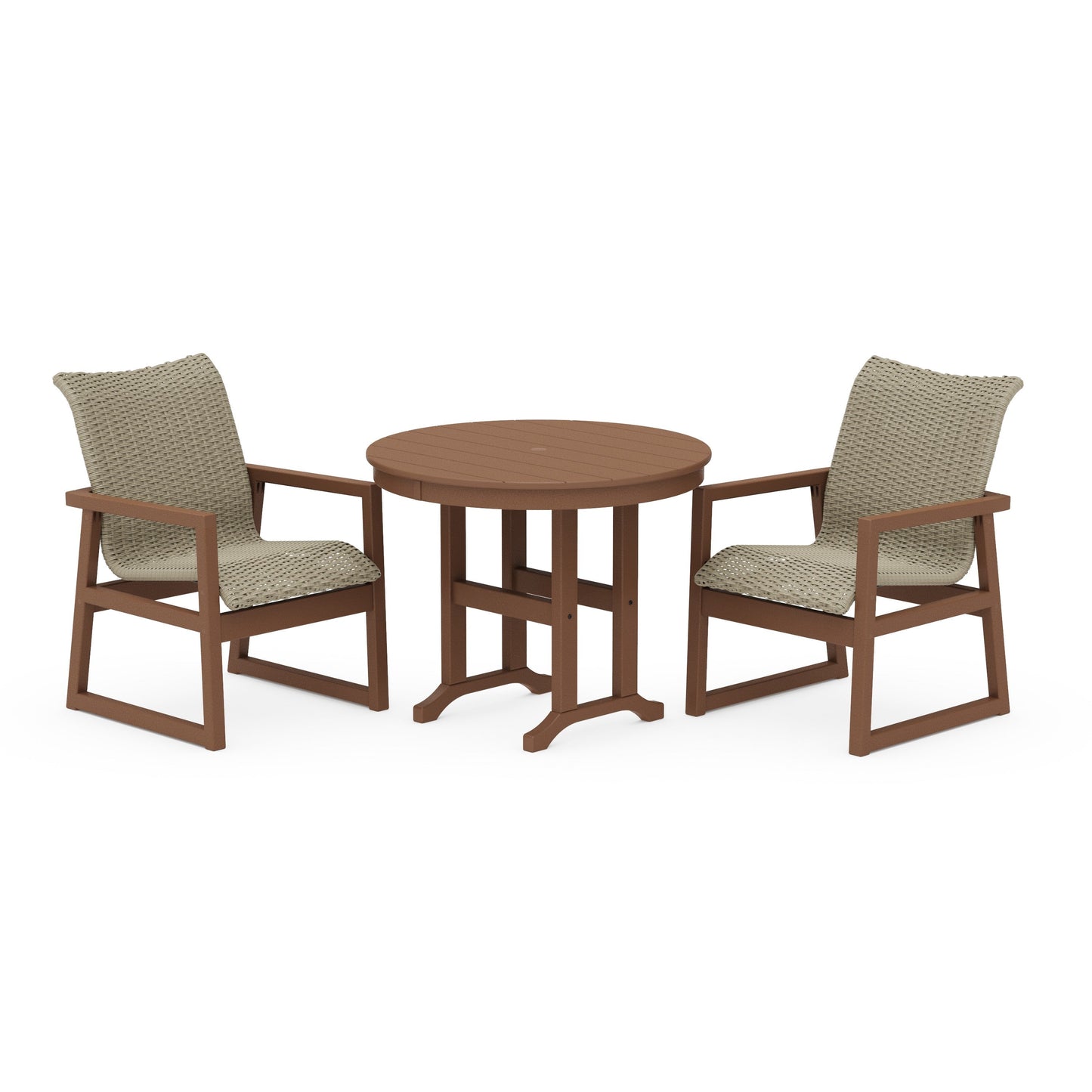 POLYWOOD EDGE Woven 3-Piece Farmhouse Dining Set — Teak / Dune Grass