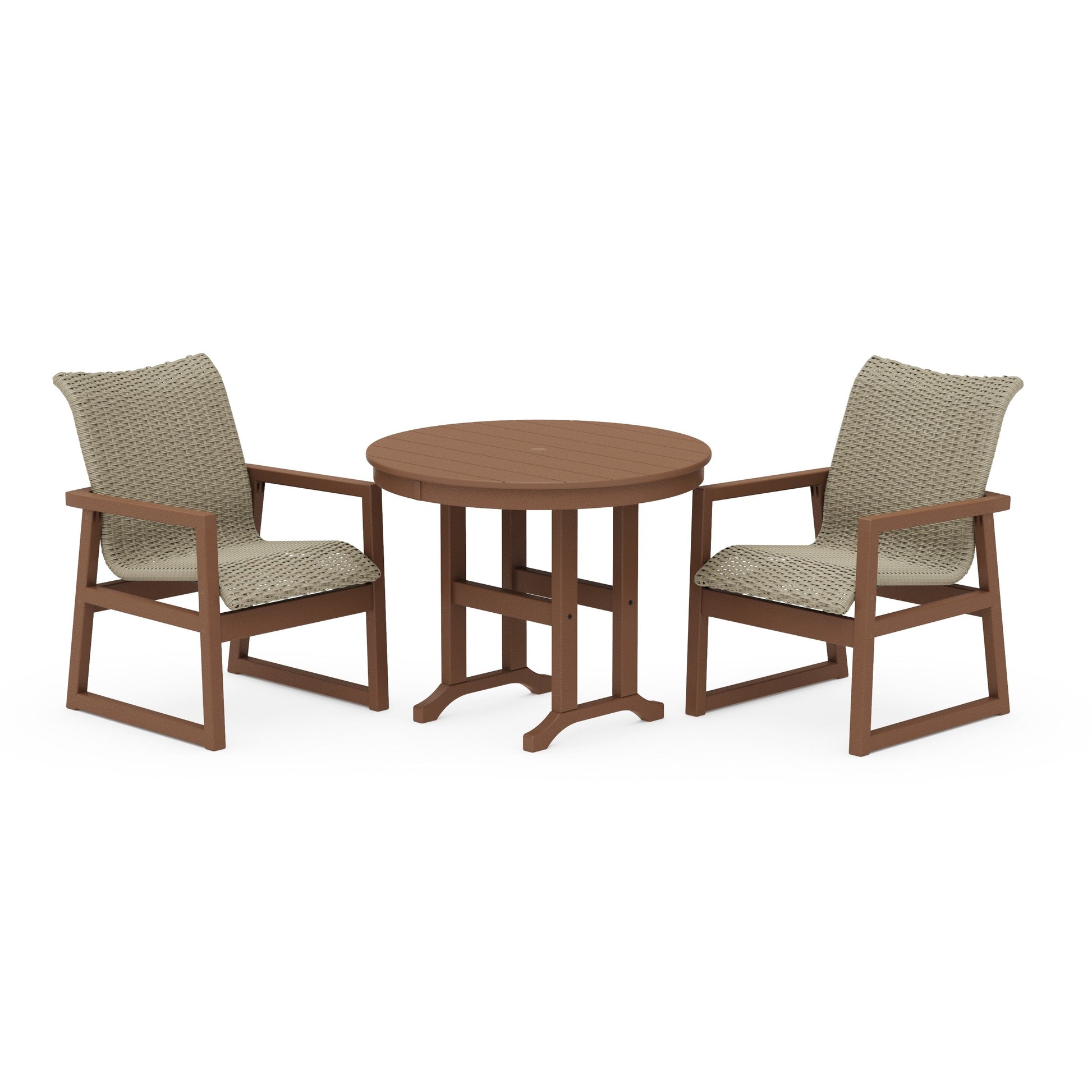 POLYWOOD EDGE Woven 3-Piece Farmhouse Dining Set — Teak / Dune Grass