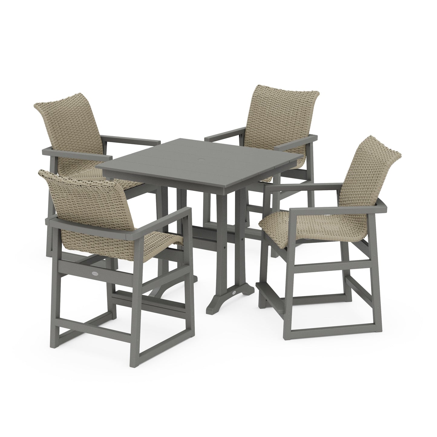 POLYWOOD EDGE Woven 5-Piece Farmhouse Counter Set with Trestle Legs — Slate Grey / Dune Grass