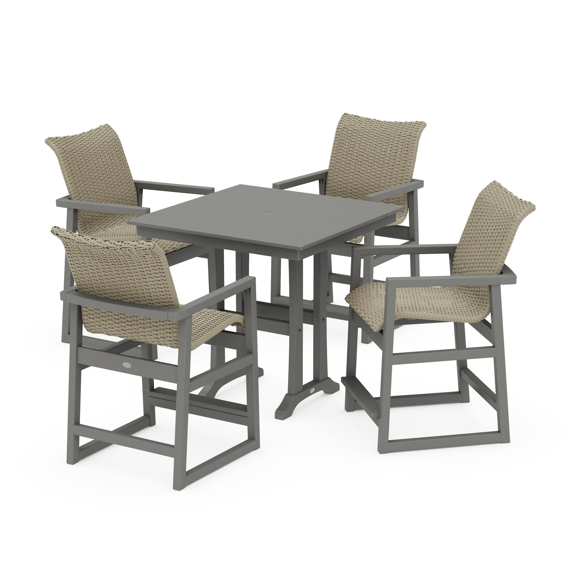 POLYWOOD EDGE Woven 5-Piece Farmhouse Counter Set with Trestle Legs — Slate Grey / Dune Grass
