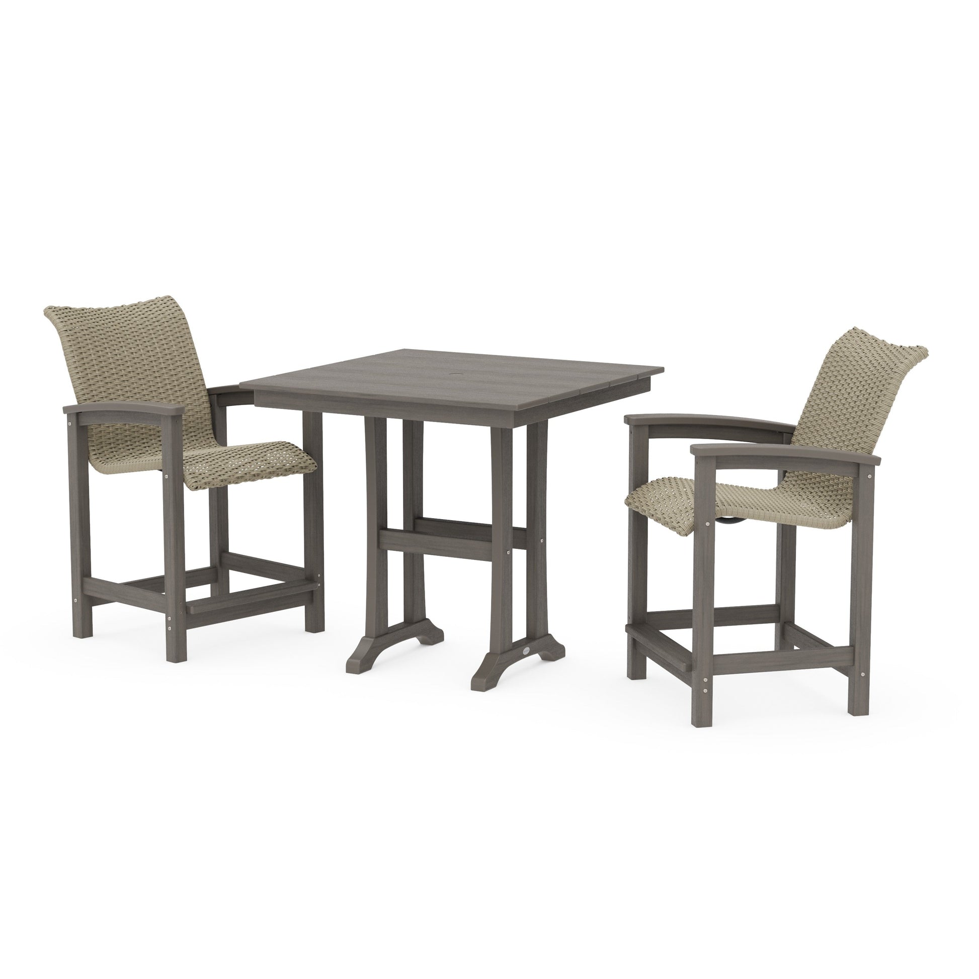 POLYWOOD Coastal Woven 3-Piece Farmhouse Counter Set with Trestle Legs — Driftwood / Dune Grass