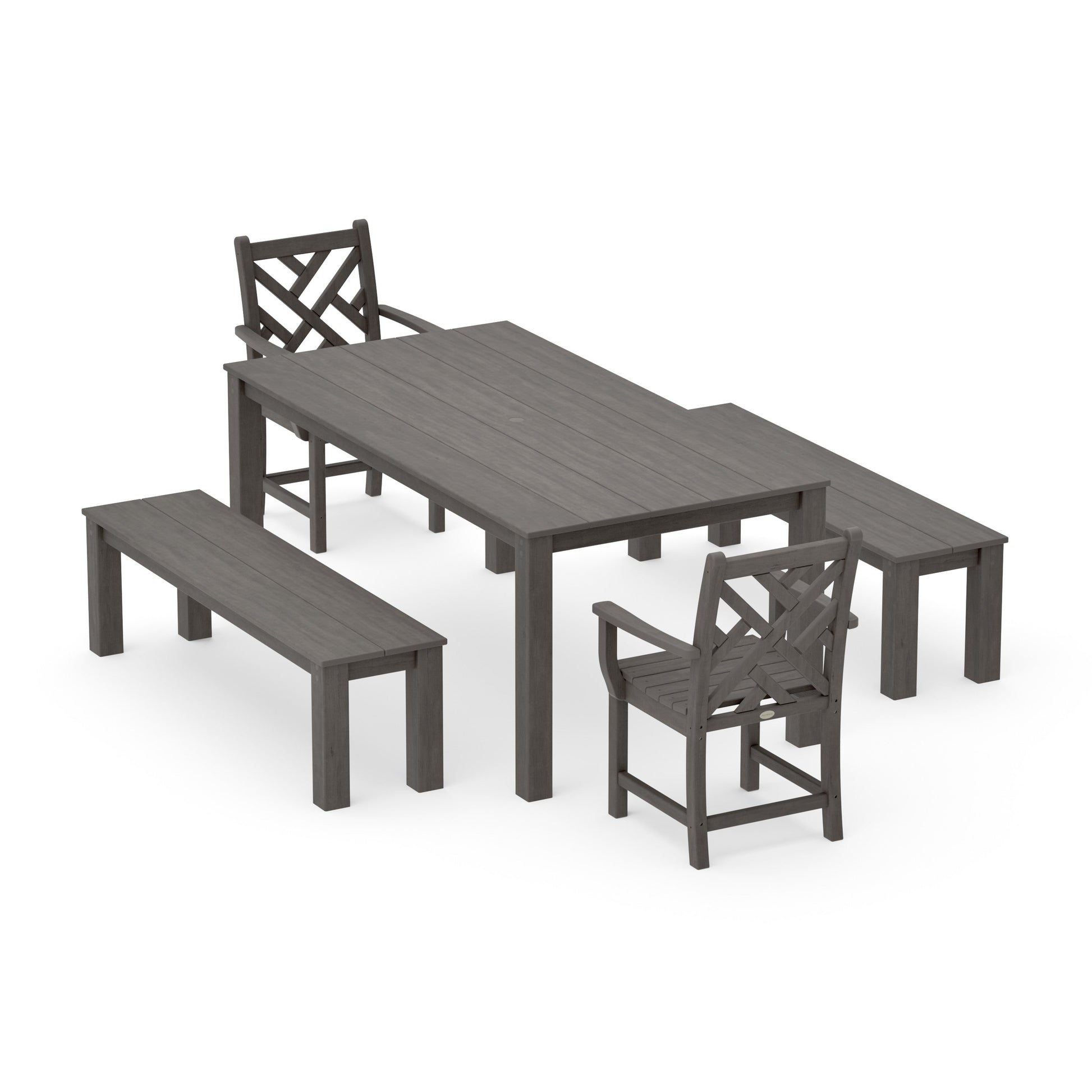 POLYWOOD Chippendale 5-Piece Parsons Dining Set with Benches — Driftwood