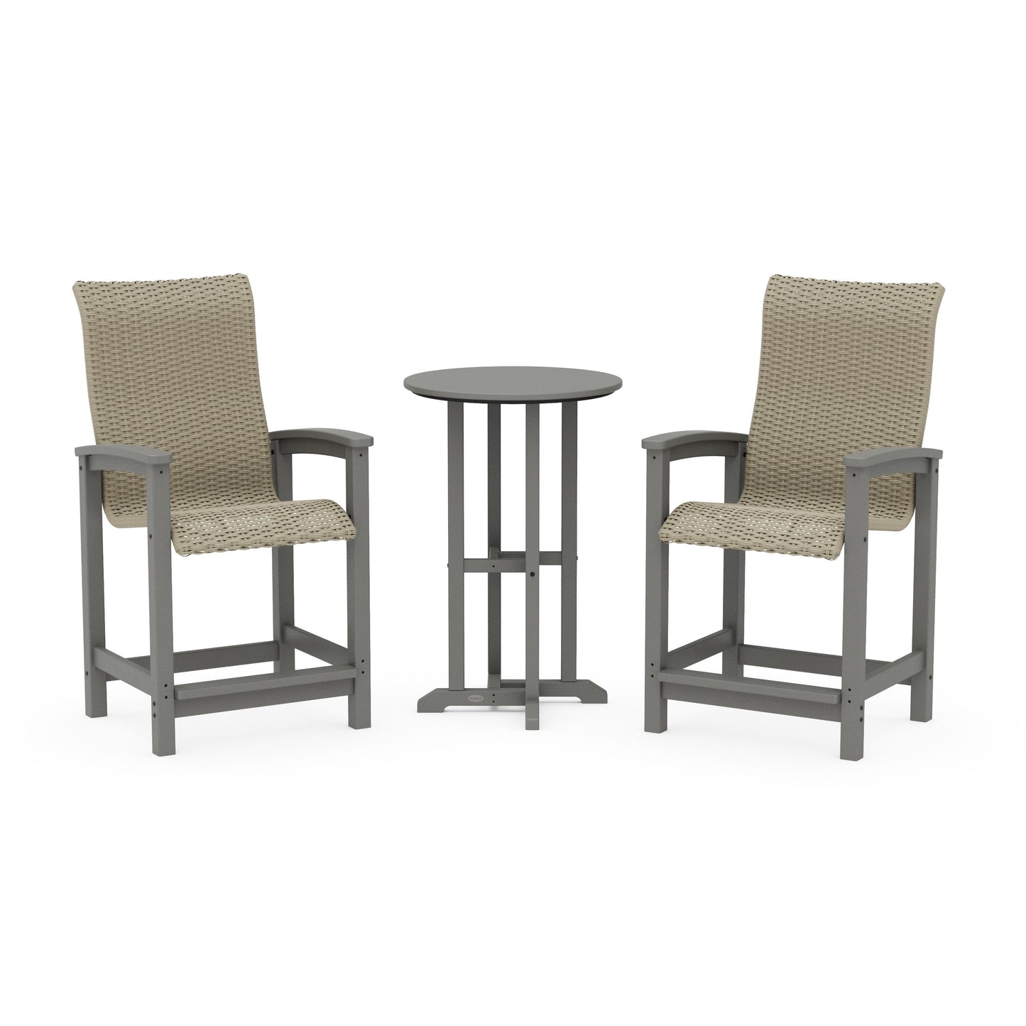 POLYWOOD Coastal Woven High-Back 3-Piece Farmhouse Counter Set — Slate Grey / Dune Grass