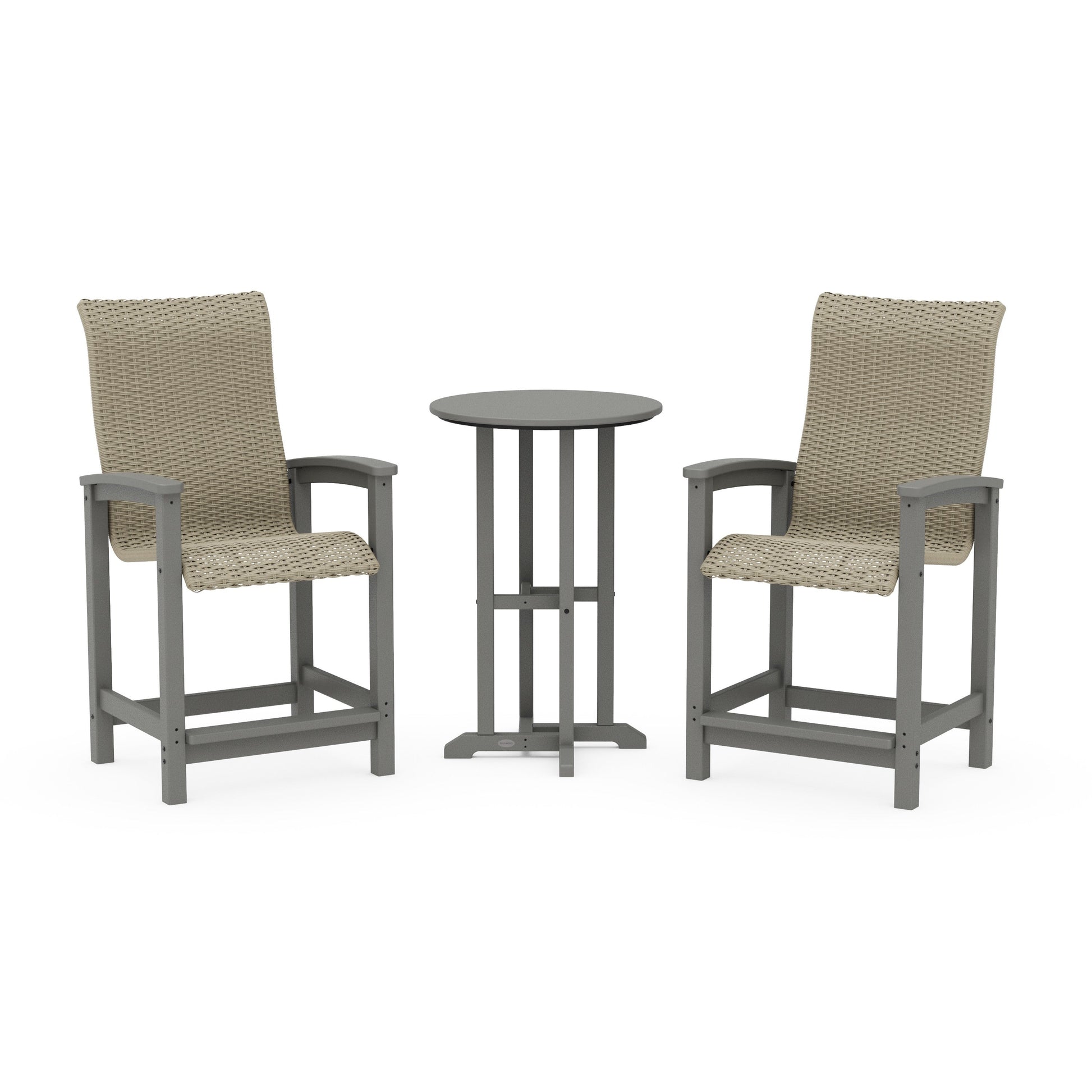 POLYWOOD Coastal Woven High-Back 3-Piece Farmhouse Counter Set — Slate Grey / Dune Grass