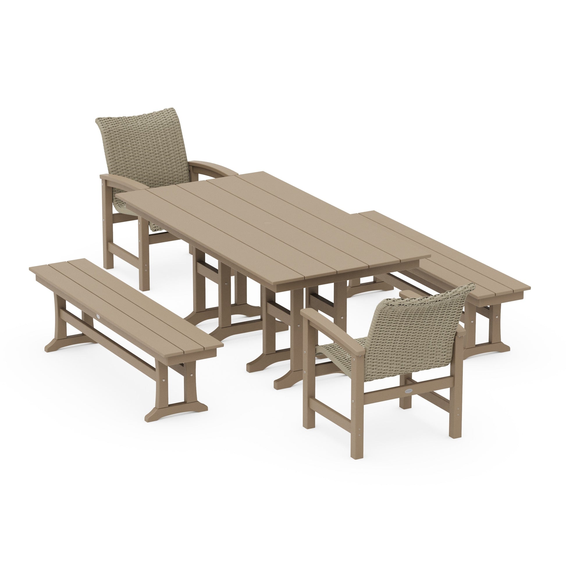 POLYWOOD Coastal Woven 5-Piece Farmhouse Dining Set with Benches — Vintage Sahara / Dune Grass