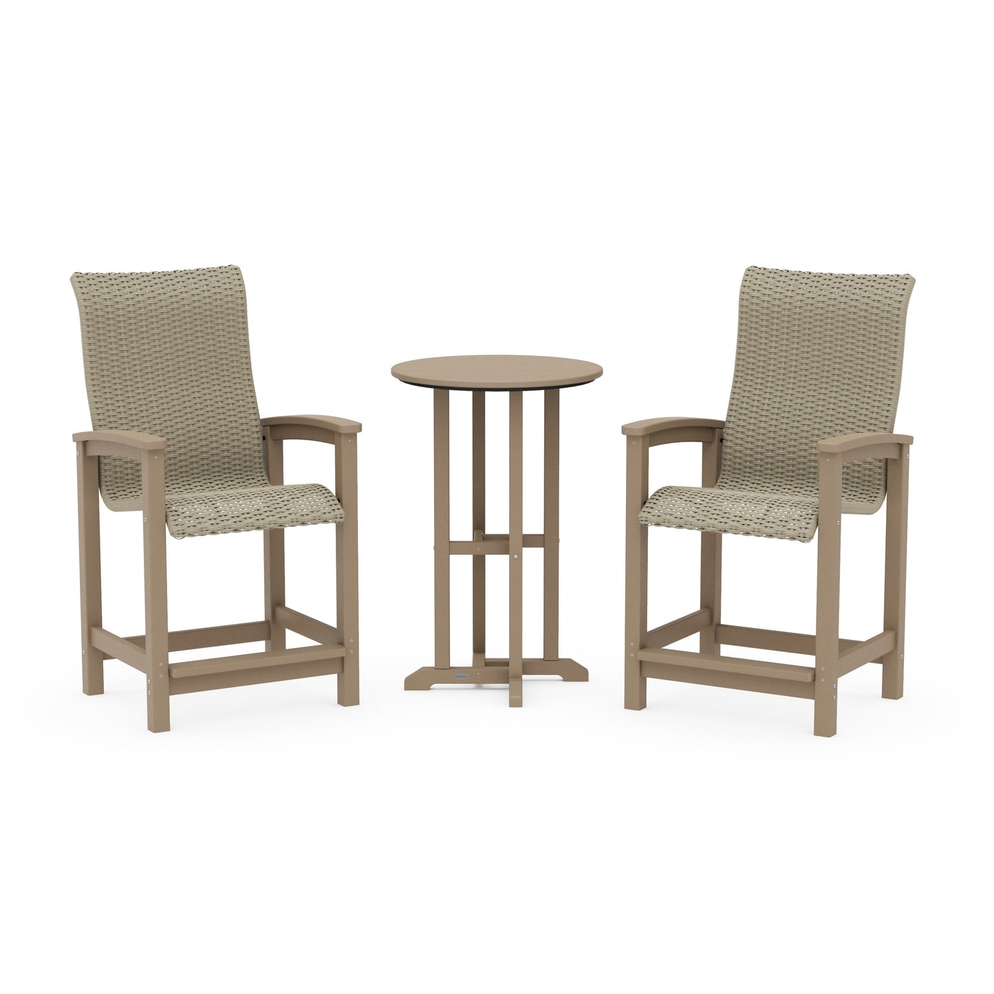POLYWOOD Coastal Woven High-Back 3-Piece Farmhouse Counter Set — Vintage Sahara / Dune Grass