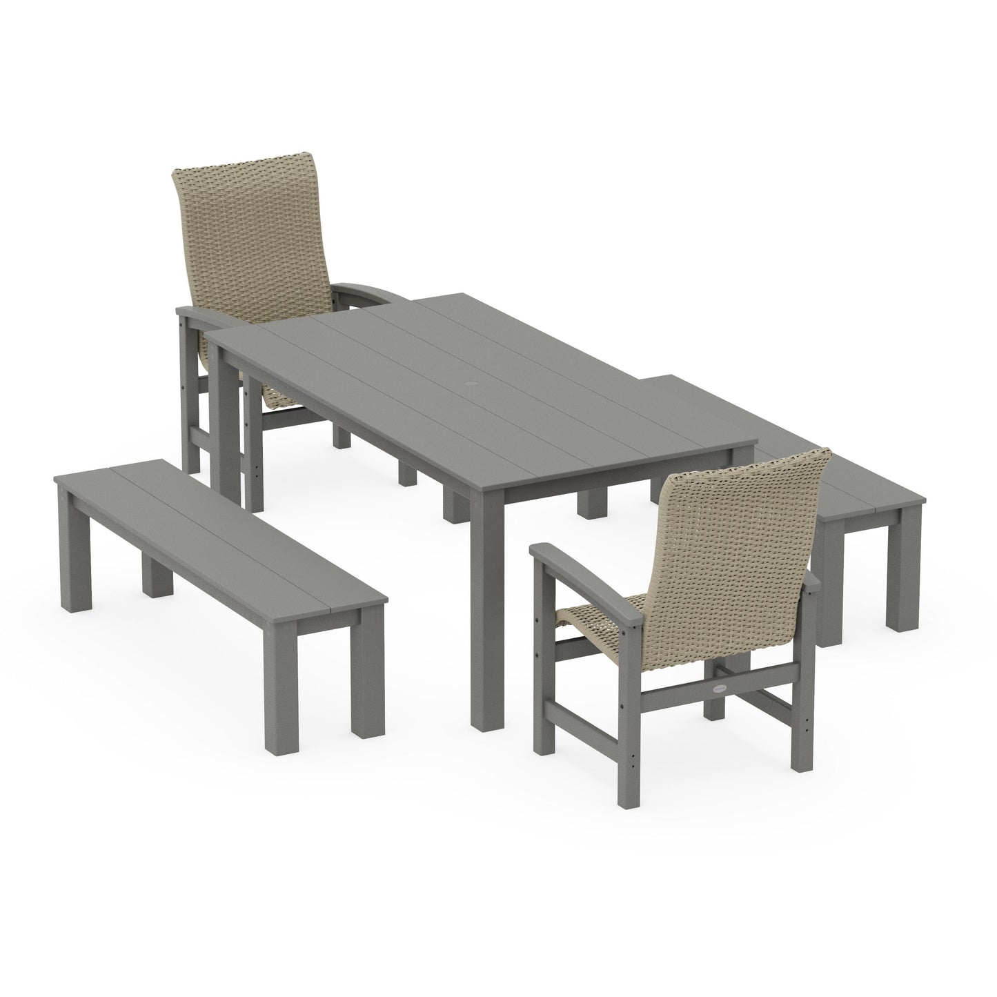 POLYWOOD Coastal Woven High-Back 5-Piece Parsons Dining Set with Benches — Slate Grey / Dune Grass