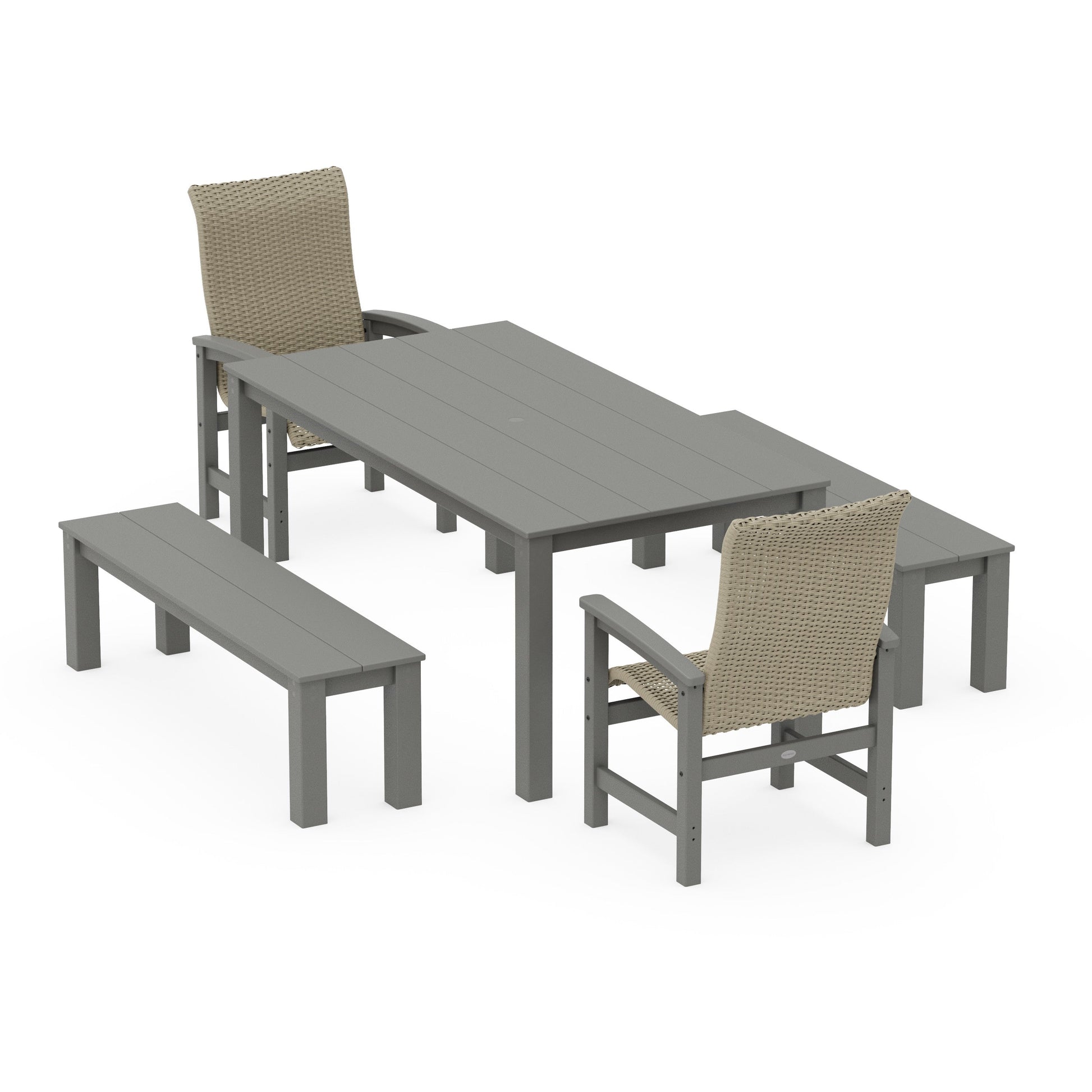 POLYWOOD Coastal Woven High-Back 5-Piece Parsons Dining Set with Benches — Slate Grey / Dune Grass