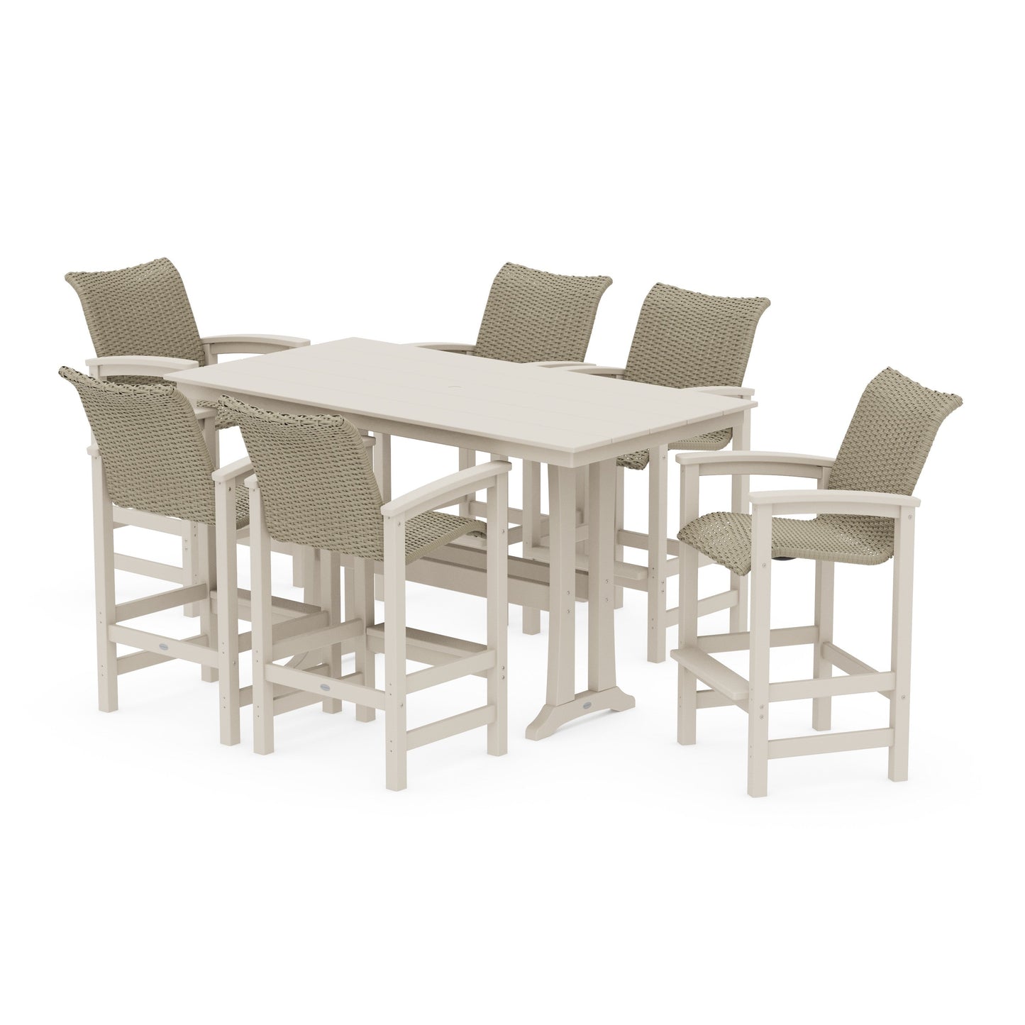 POLYWOOD Coastal Woven Arm Chair 7-Piece Farmhouse Bar Set with Trestle Legs — Sand / Dune Grass