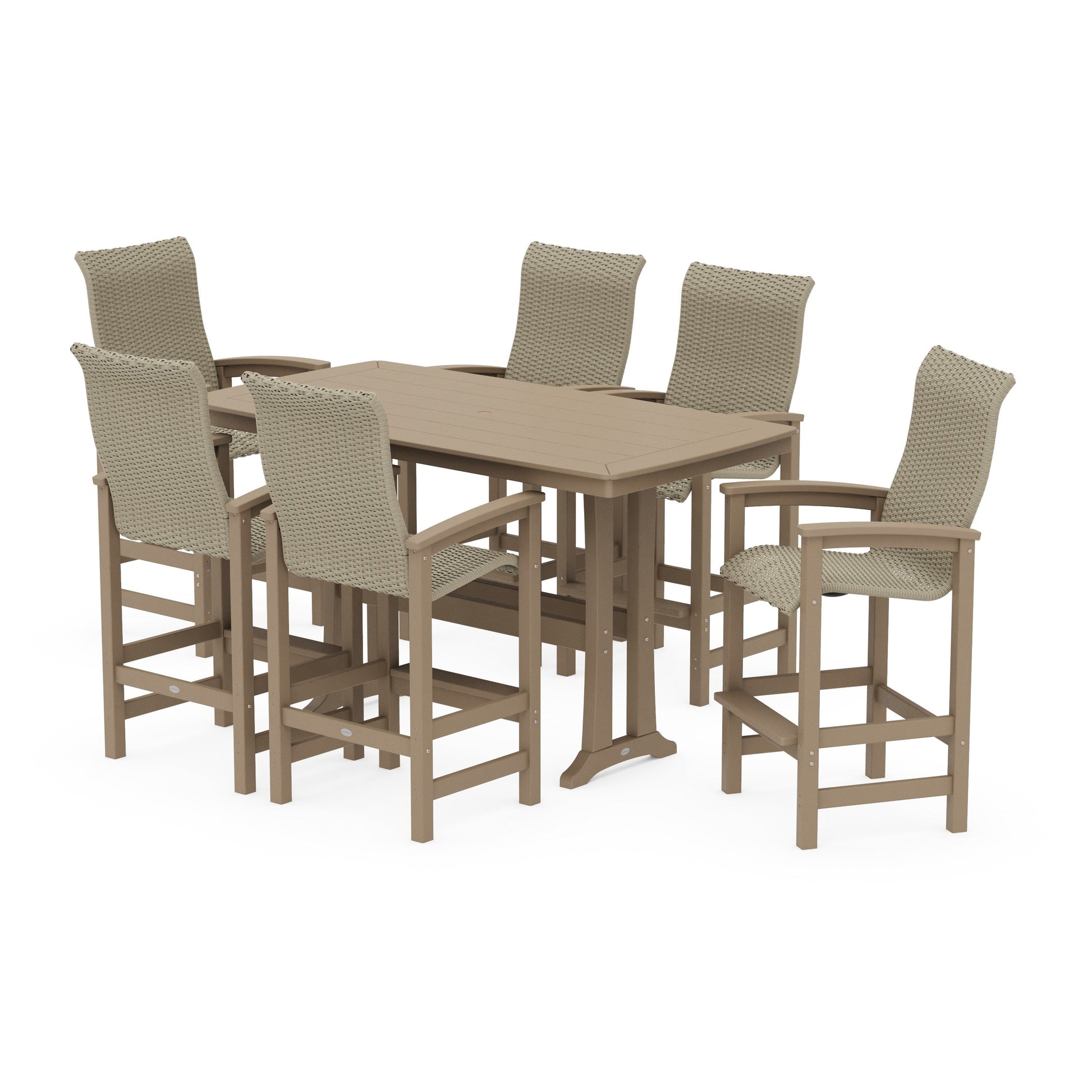 POLYWOOD Coastal Woven High-Back Arm Chair 7-Piece Bar Set with Trestle Legs — Vintage Sahara / Dune Grass