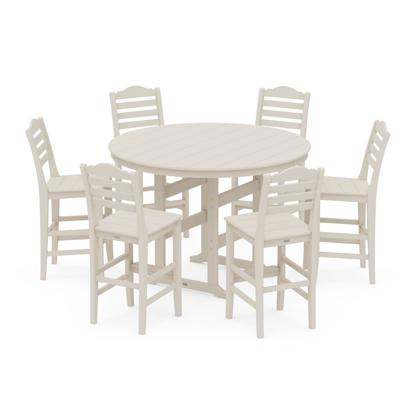 POLYWOOD Savannah 7-Piece Farmhouse Side Chair Round Bar Set — Sand