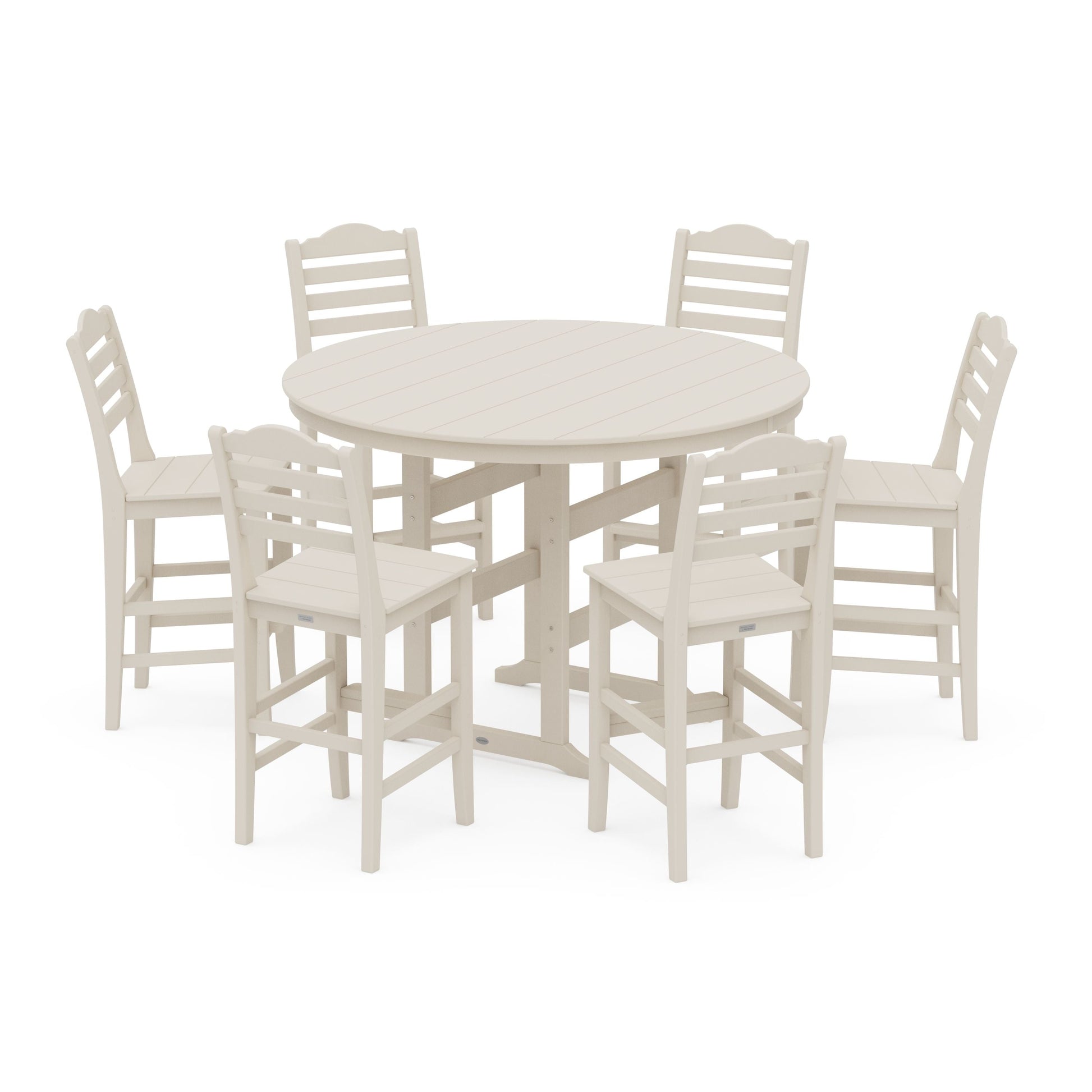 POLYWOOD Savannah 7-Piece Farmhouse Side Chair Round Bar Set — Sand