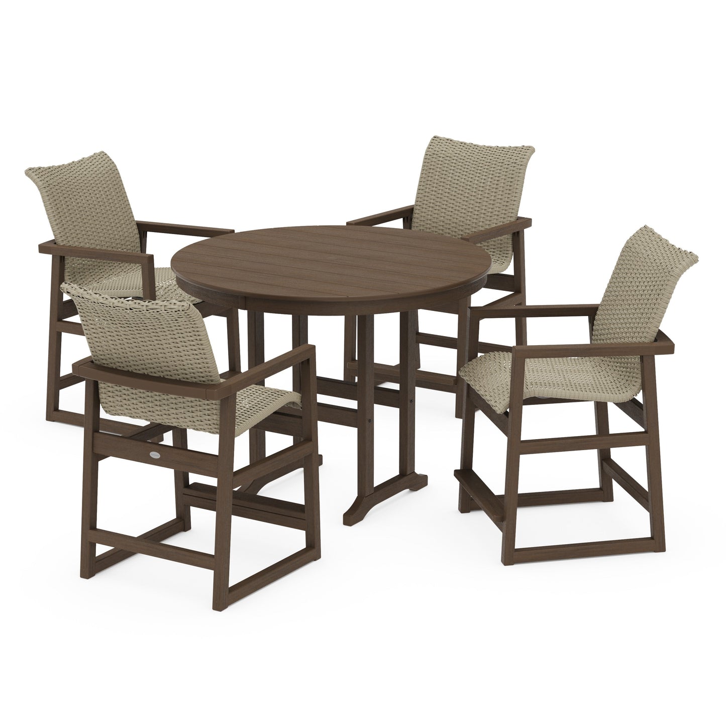POLYWOOD EDGE Woven 5-Piece Round Farmhouse Counter Set — Kona / Dune Grass