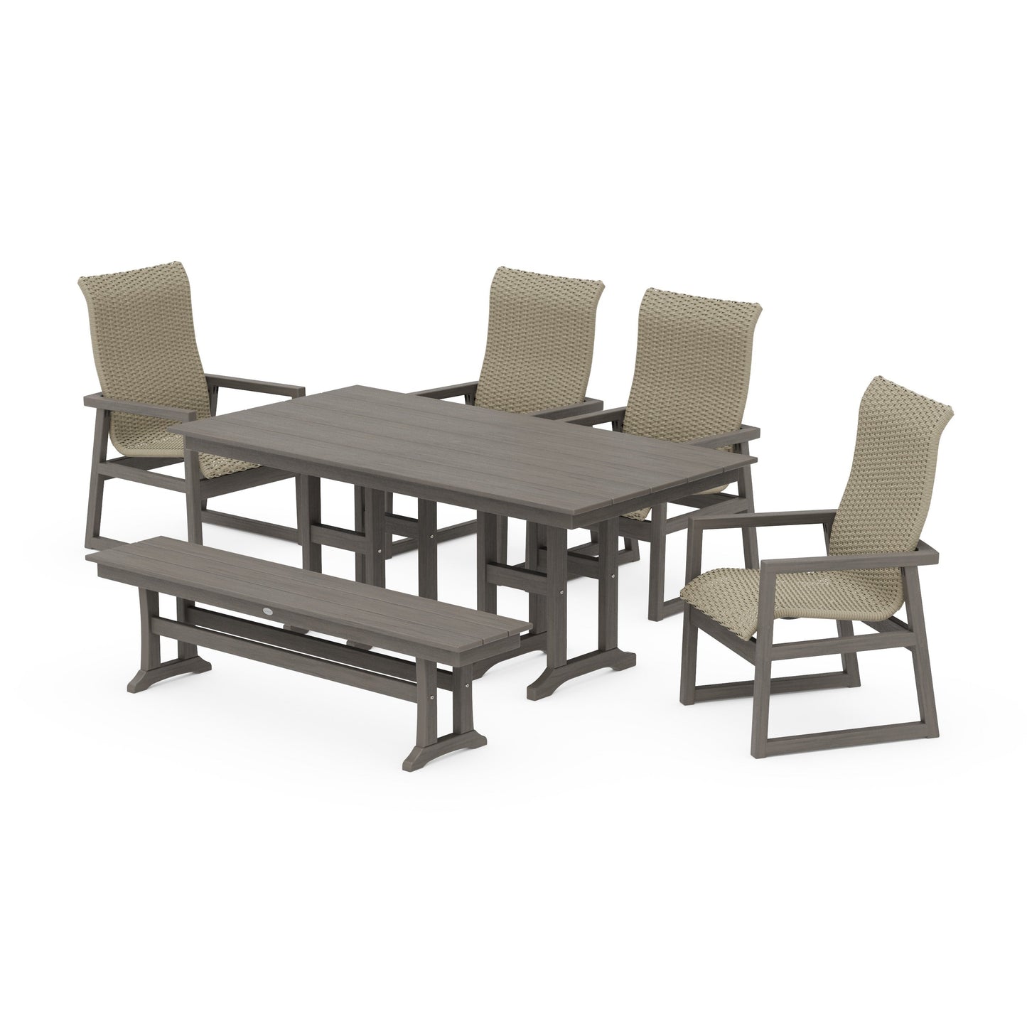 POLYWOOD EDGE Woven Highback 6-Piece Farmhouse Dining Set with Bench — Driftwood / Dune Grass