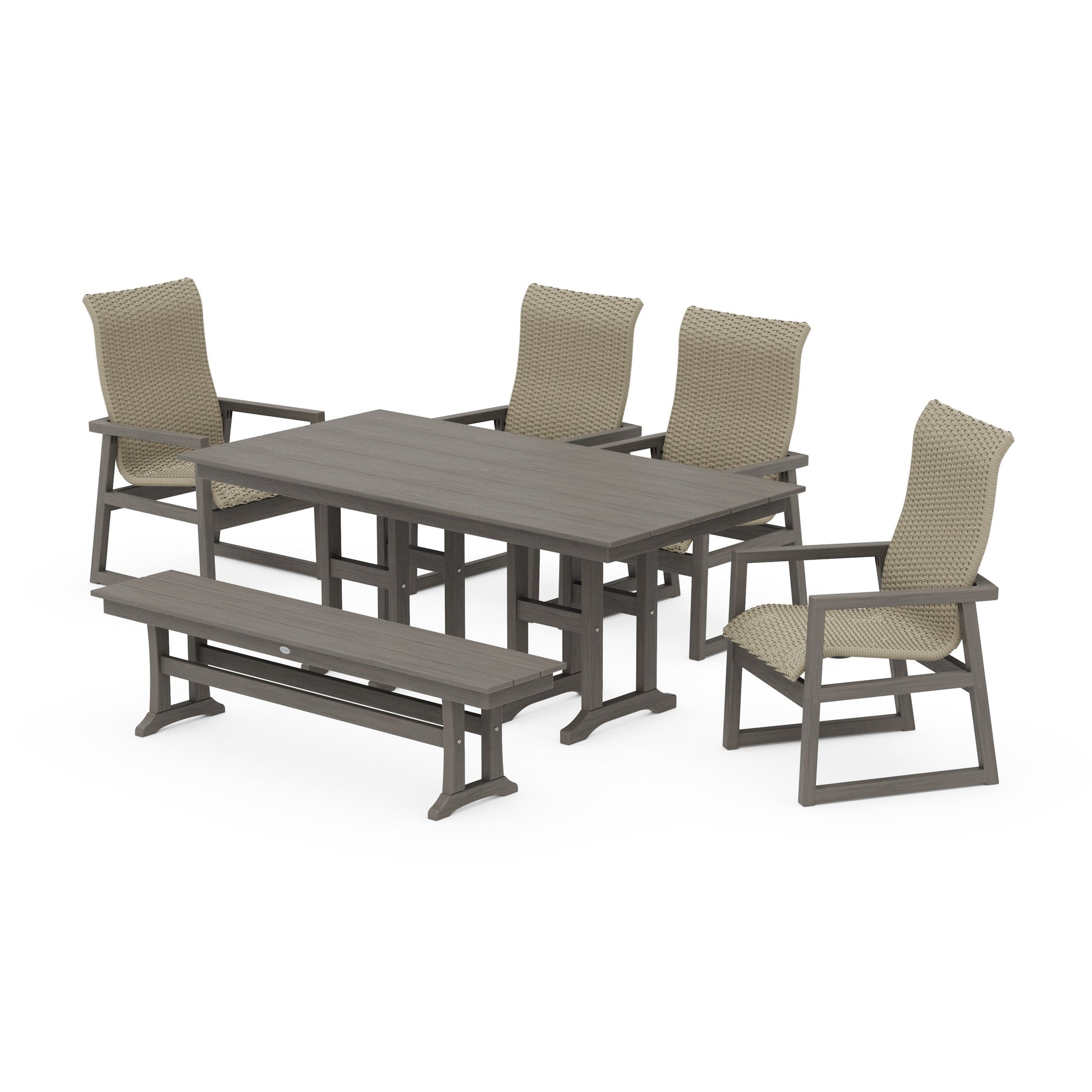 POLYWOOD EDGE Woven Highback 6-Piece Farmhouse Dining Set with Bench — Driftwood / Dune Grass