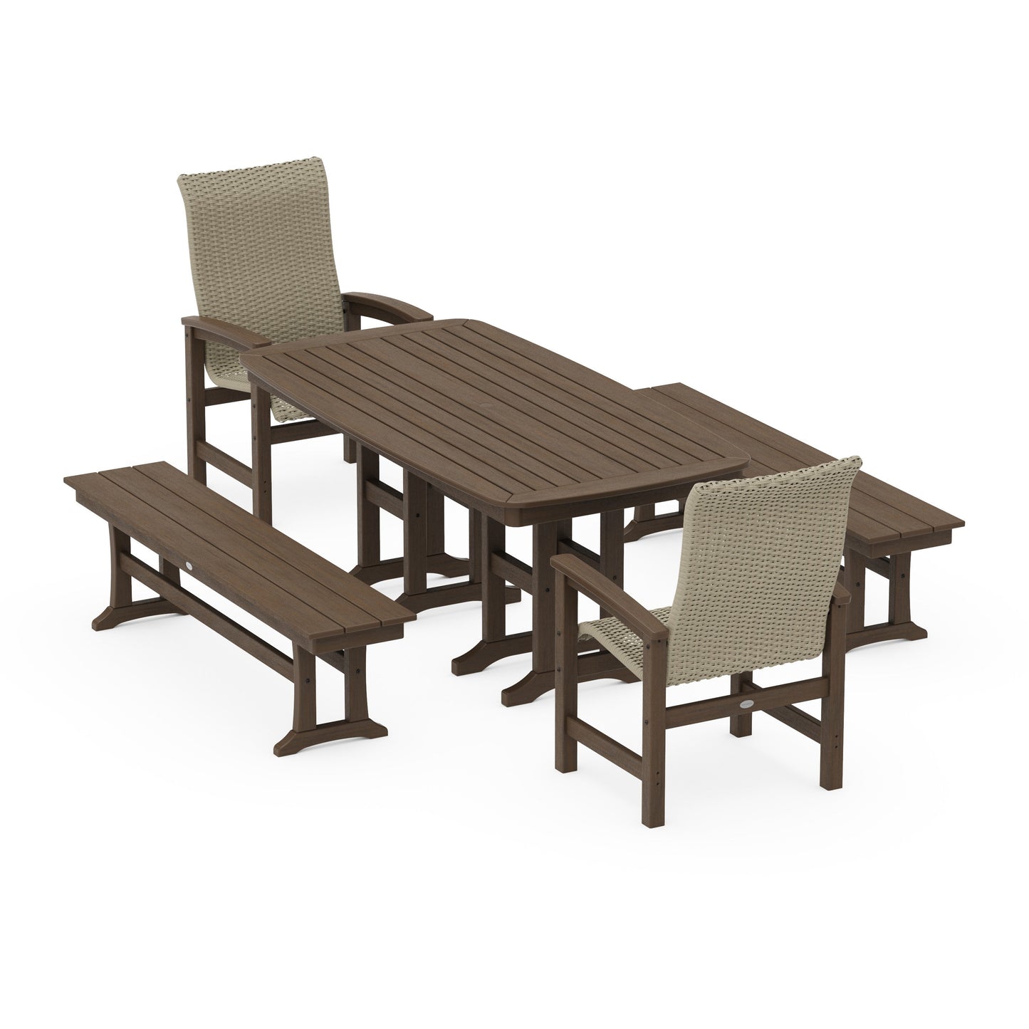 POLYWOOD Coastal Woven High-Back 5-Piece Dining Set with Benches — Kona / Dune Grass
