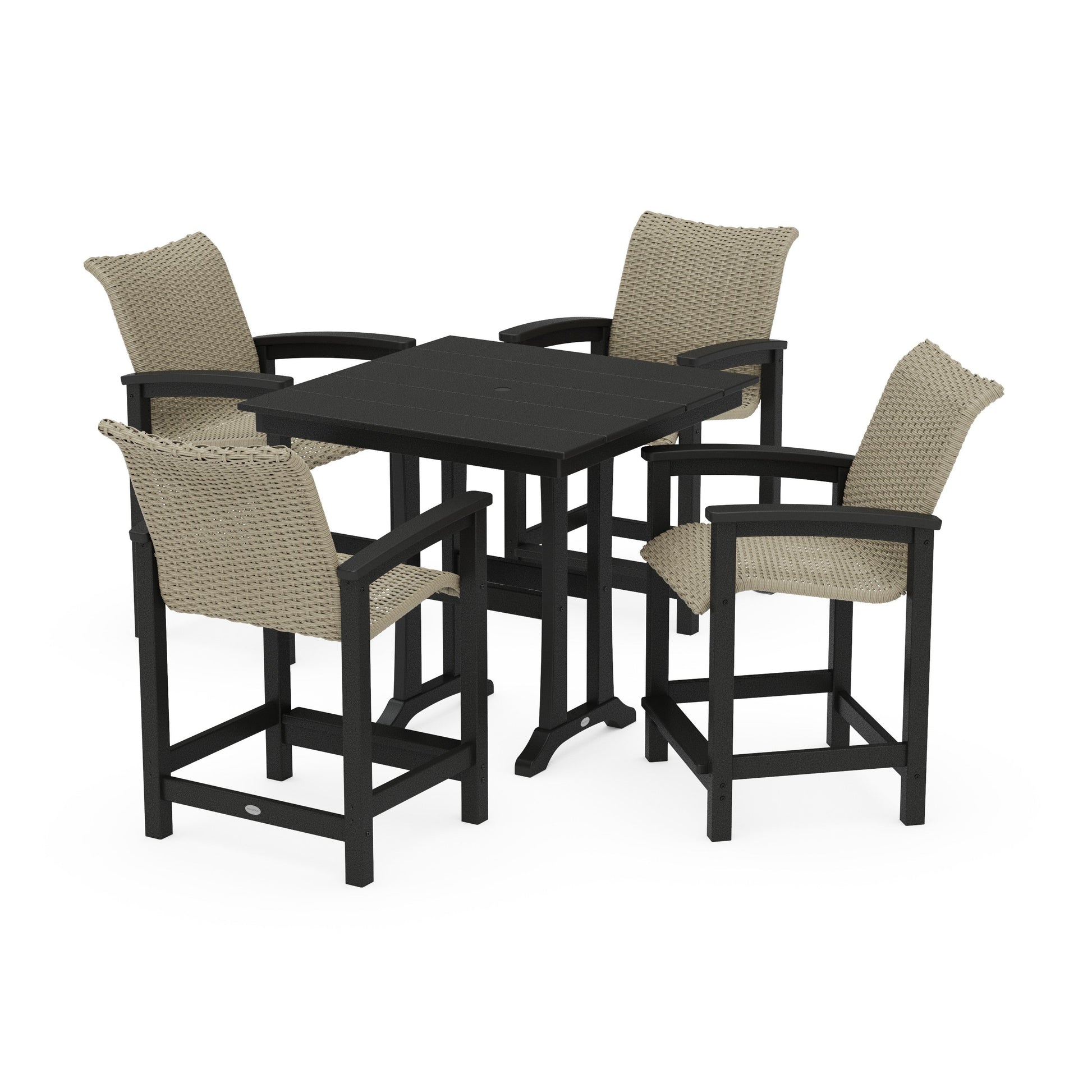 POLYWOOD Coastal Woven 5-Piece Farmhouse Counter Set with Trestle Legs — Black / Dune Grass