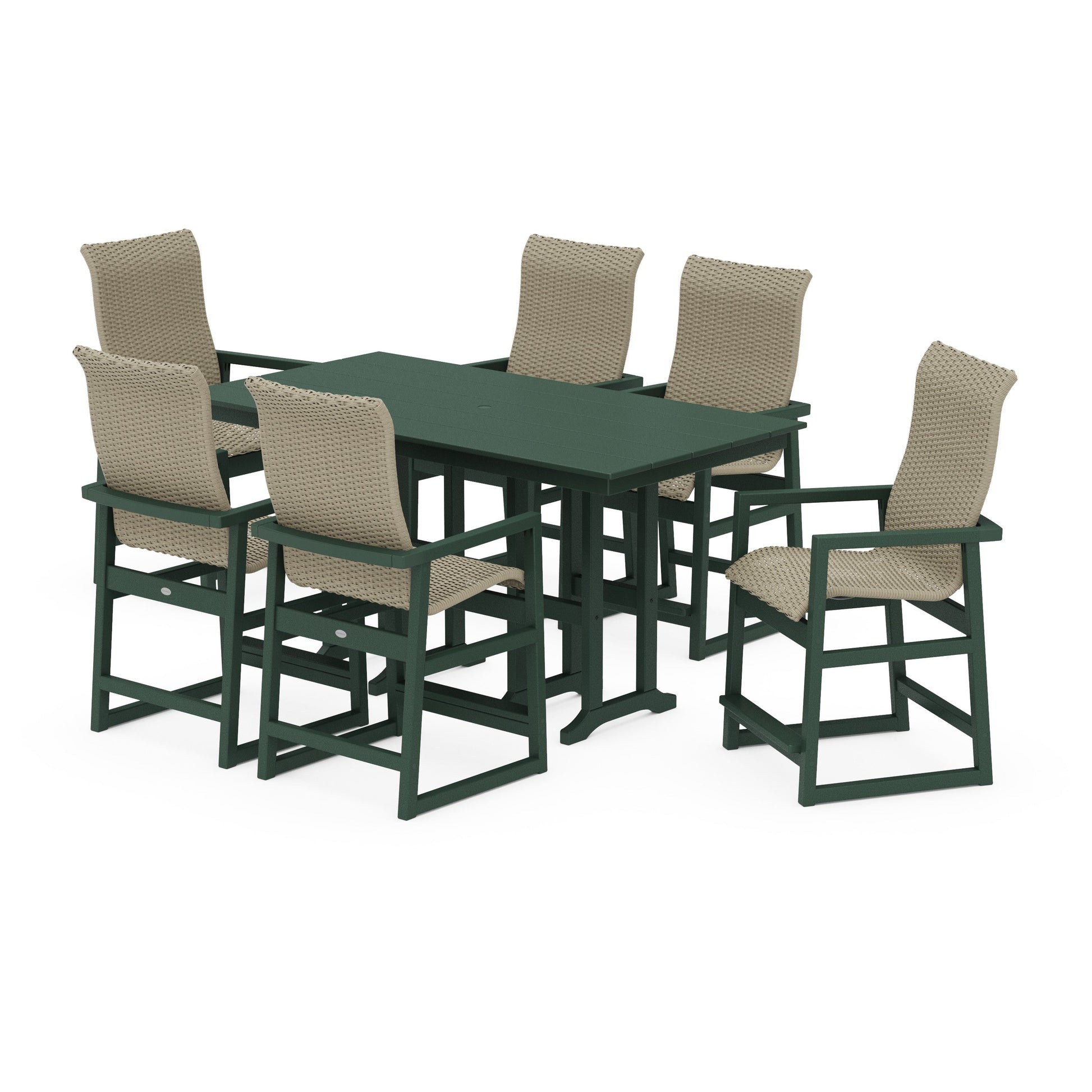 POLYWOOD EDGE Woven Highback Arm Chair 7-Piece Farmhouse Counter Set — Green / Dune Grass